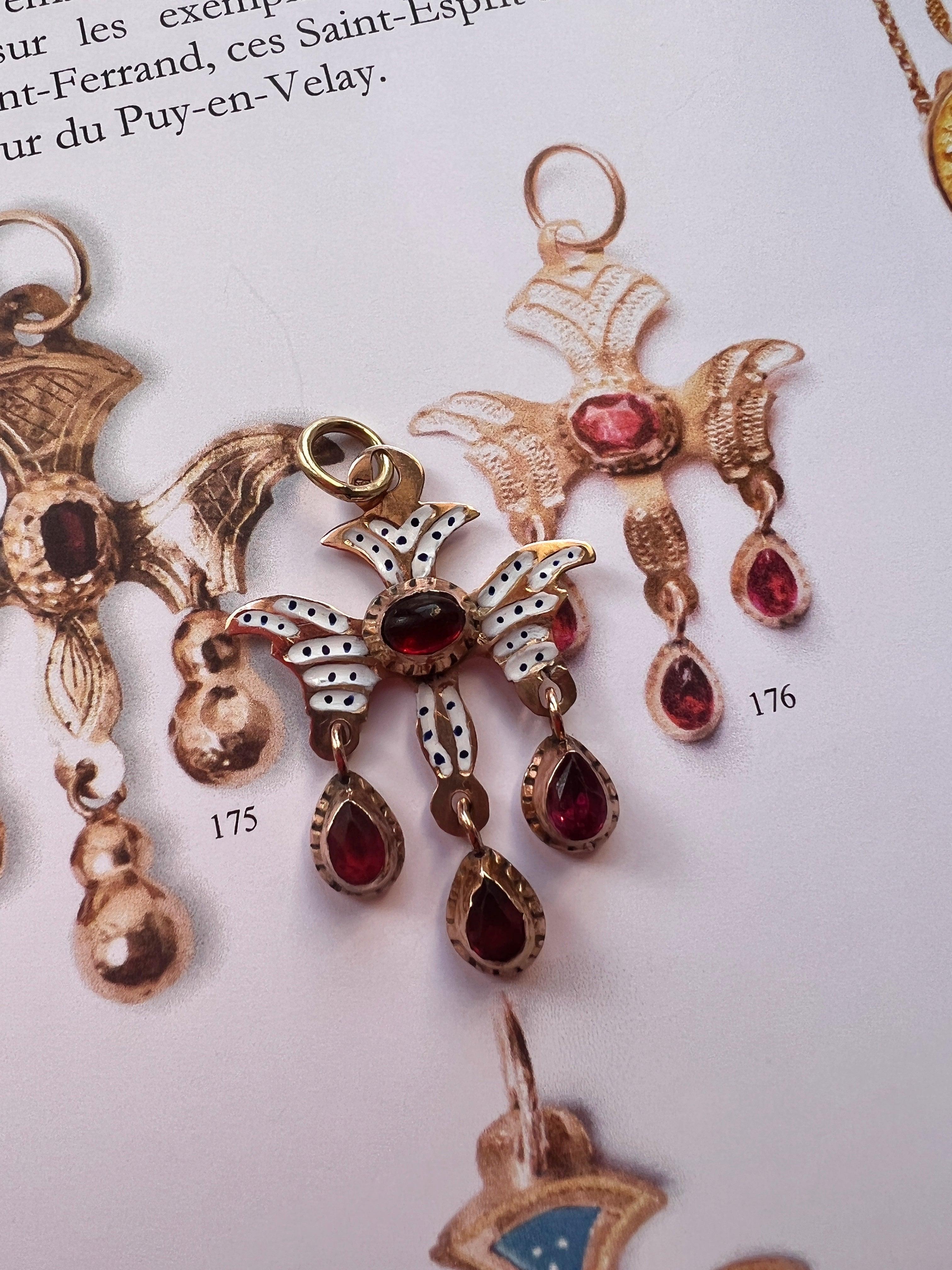 Rare & Beautiful French Antique 18k gold enameled garnet Saint Esprit Holy Spirit pendant - Curiously timeless