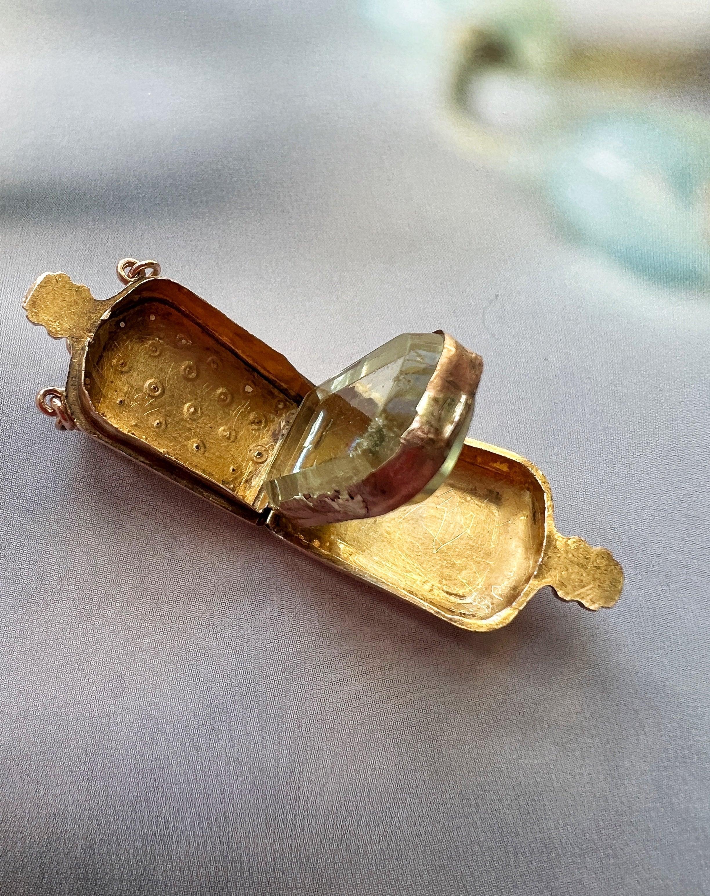 Victorian era 18K gold pearl little bottle locket pendant - Curiously timeless