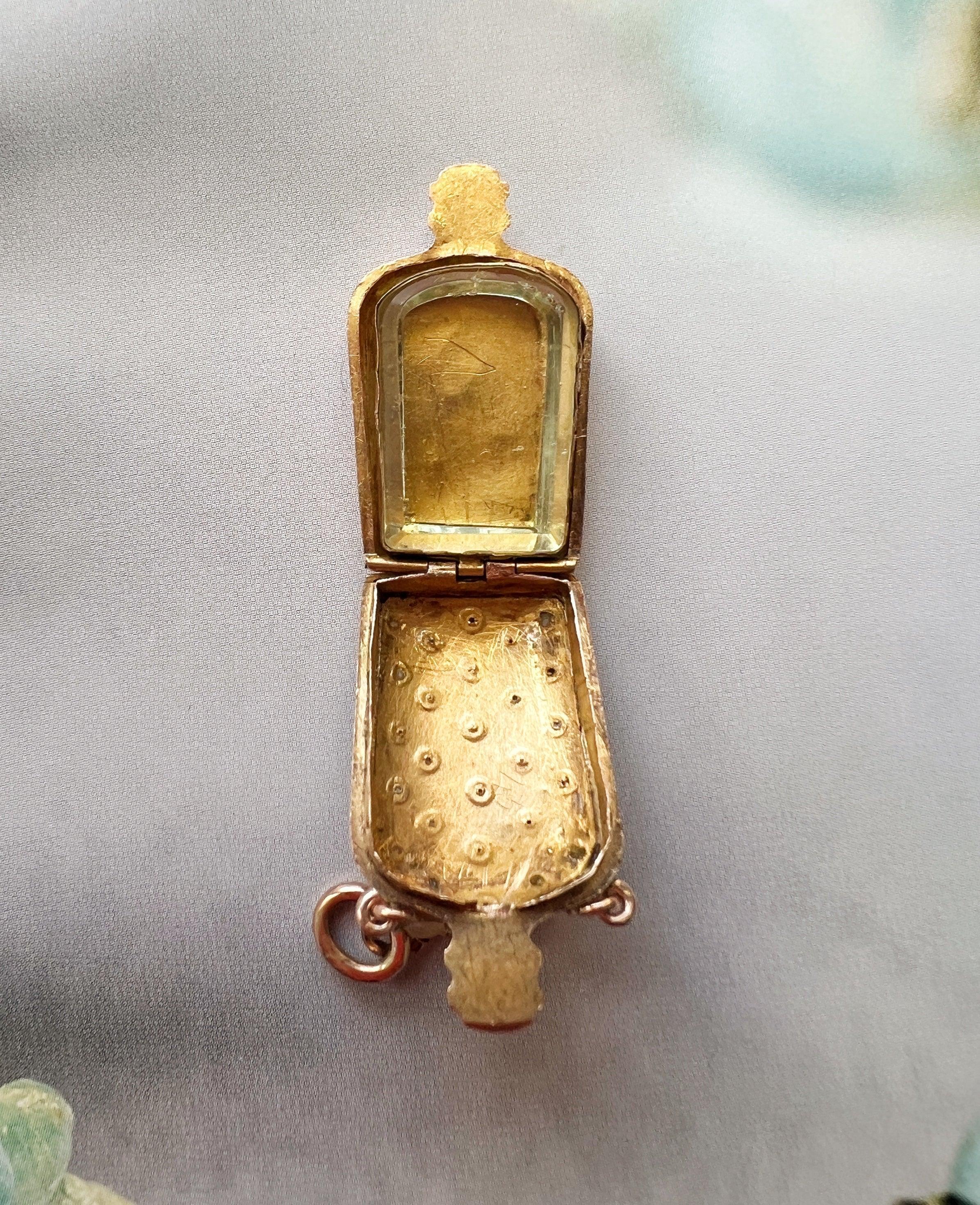 Victorian era 18K gold pearl little bottle locket pendant - Curiously timeless