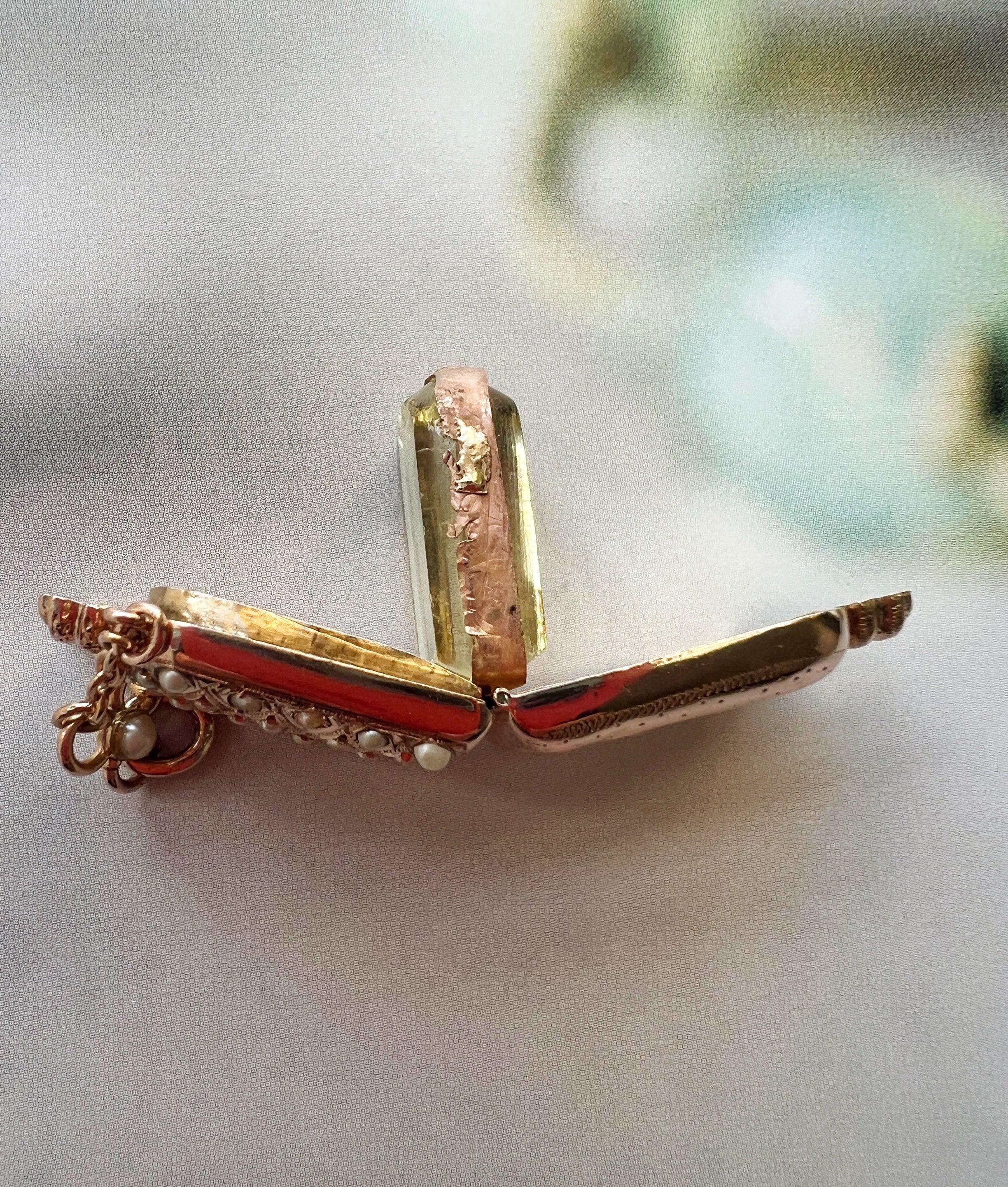 Victorian era 18K gold pearl little bottle locket pendant - Curiously timeless