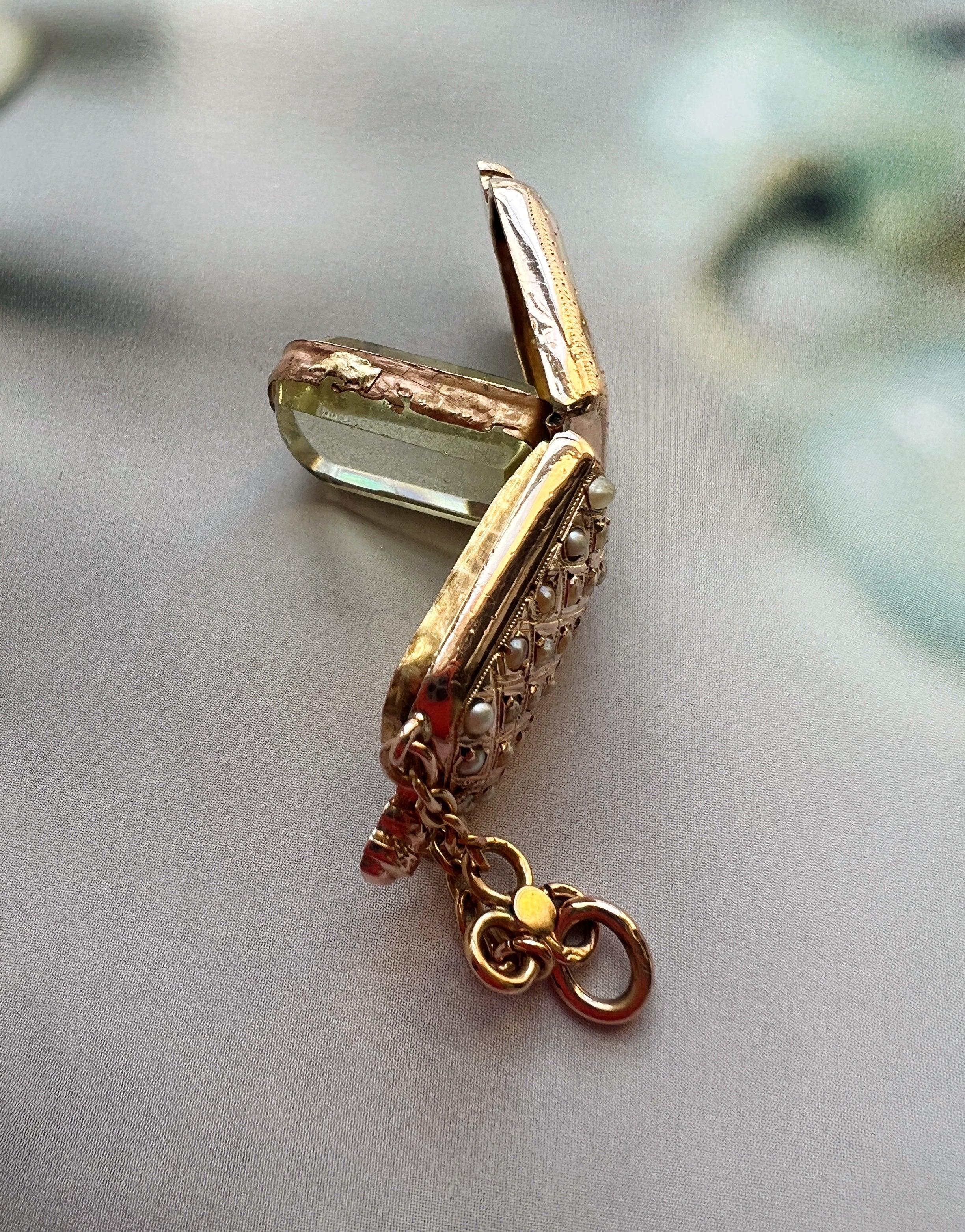 Victorian era 18K gold pearl little bottle locket pendant - Curiously timeless