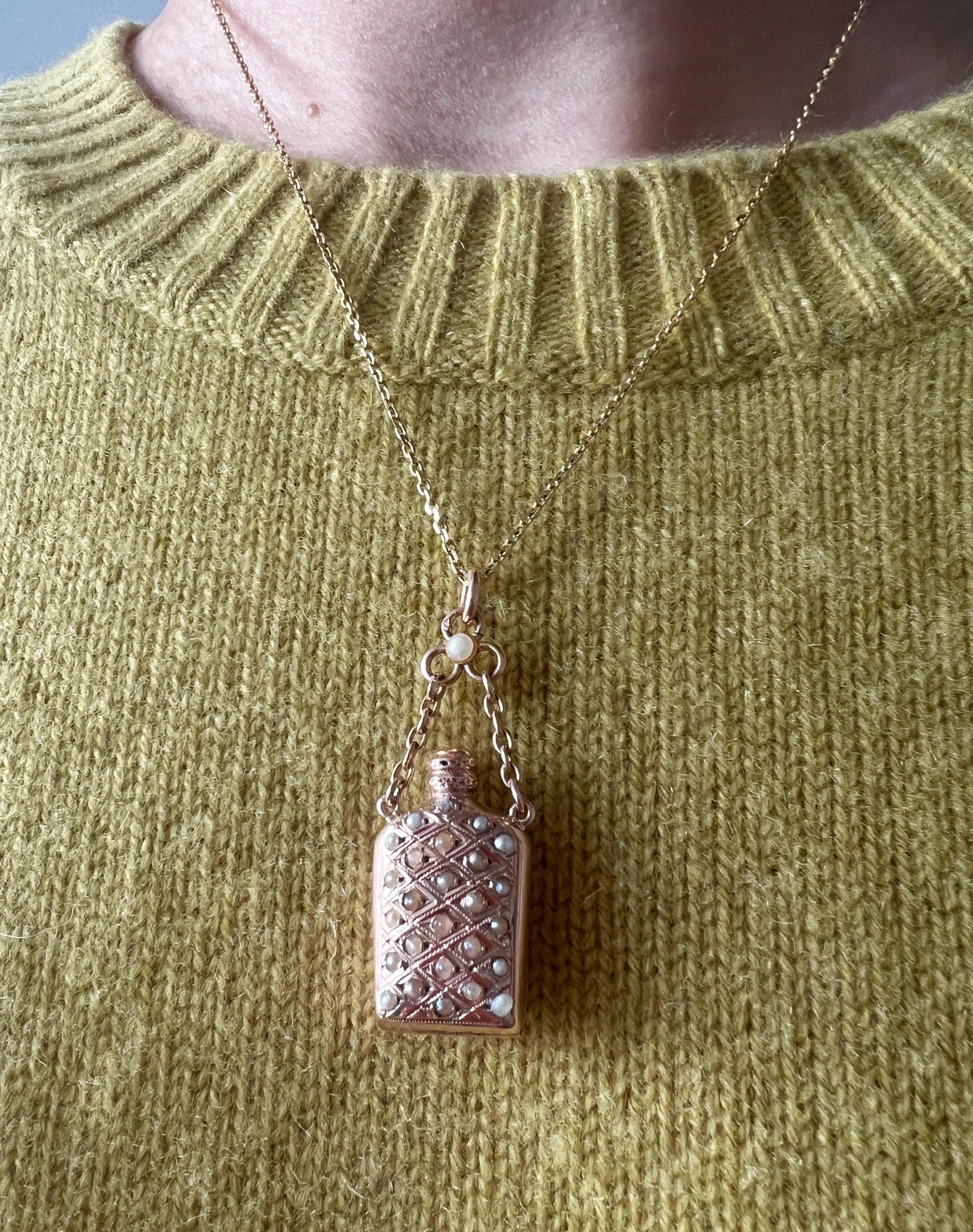 Victorian era 18K gold pearl little bottle locket pendant - Curiously timeless