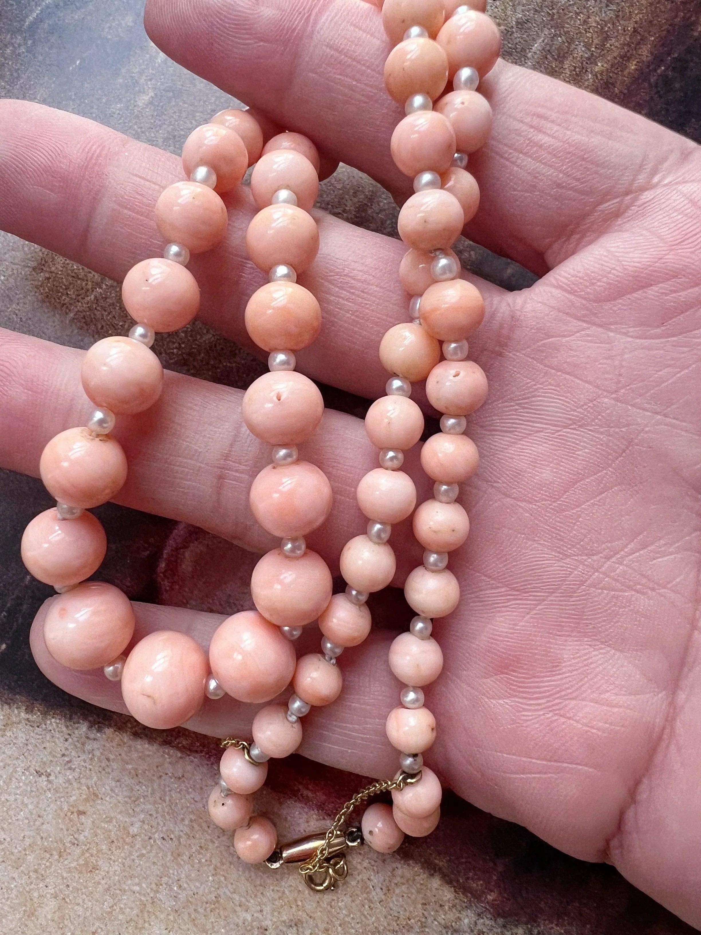 18K gold graduated natural angel skin pink coral pearl necklace - Curiously timeless