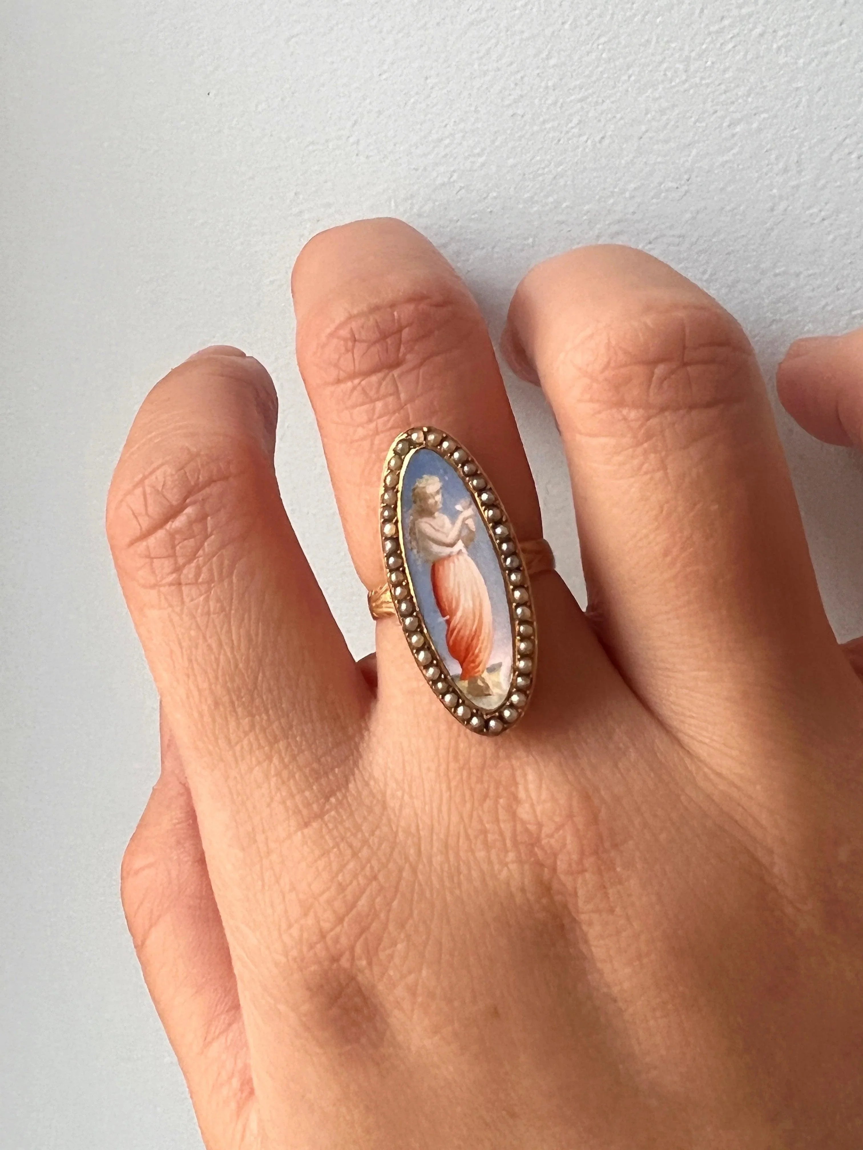 Beautiful French antique 18K gold pearl painting miniature marquise shape ring - Curiously timeless