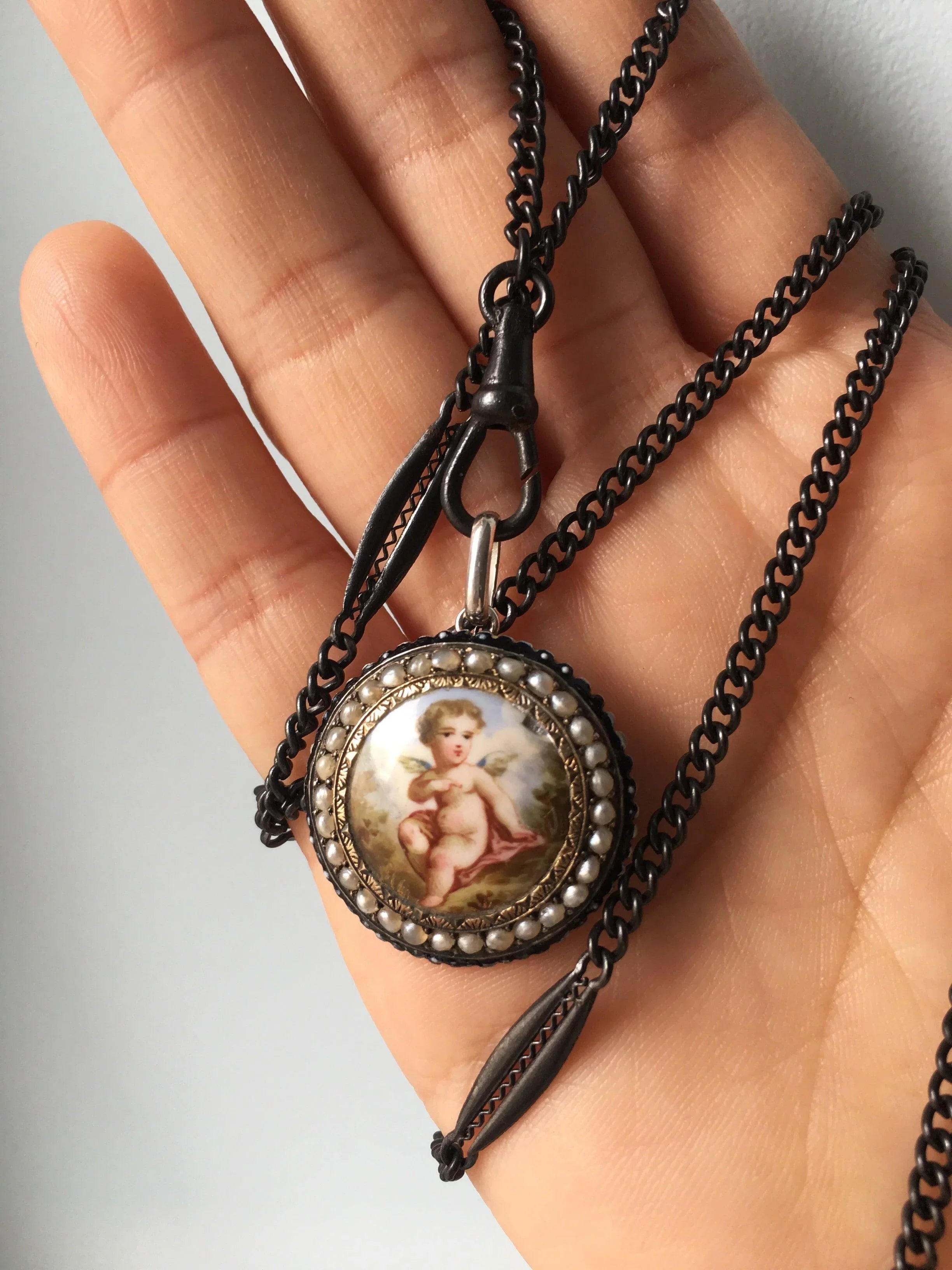 Lovely French antique enameled cherub angel pearl pendant - Curiously timeless