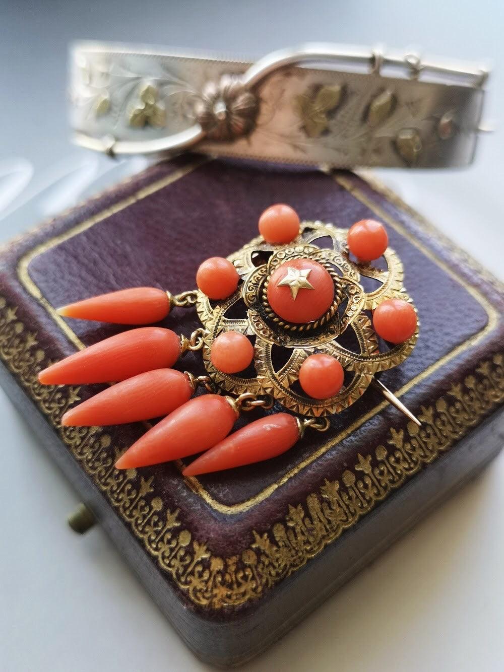 Antique 18k gold coral star brooch - Curiously timeless