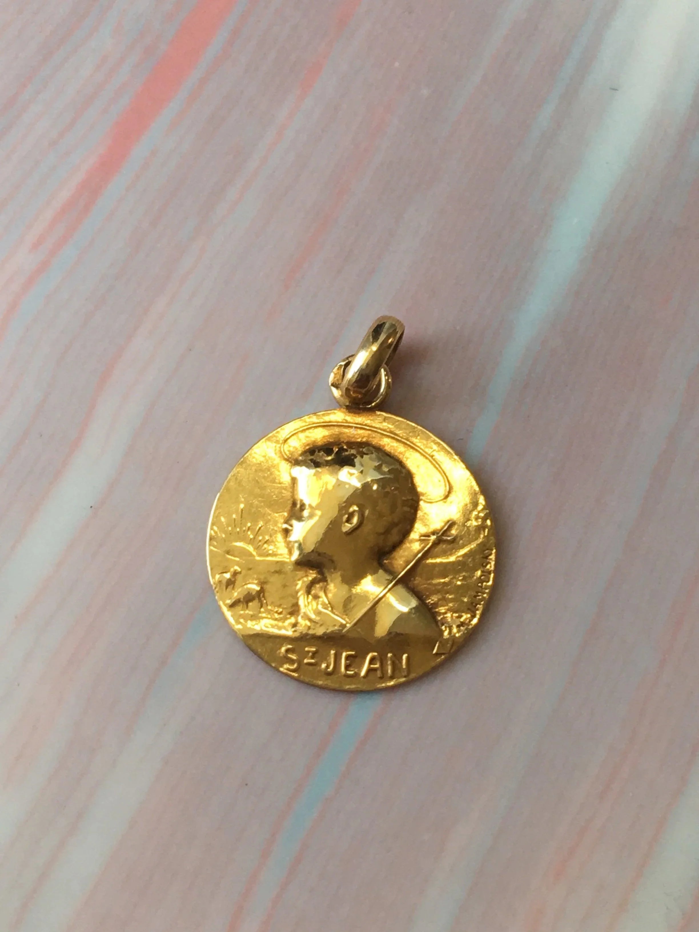 Rare French antique 18K gold medal signed by Michel Jampolsky Young John the Baptist - Curiously timeless