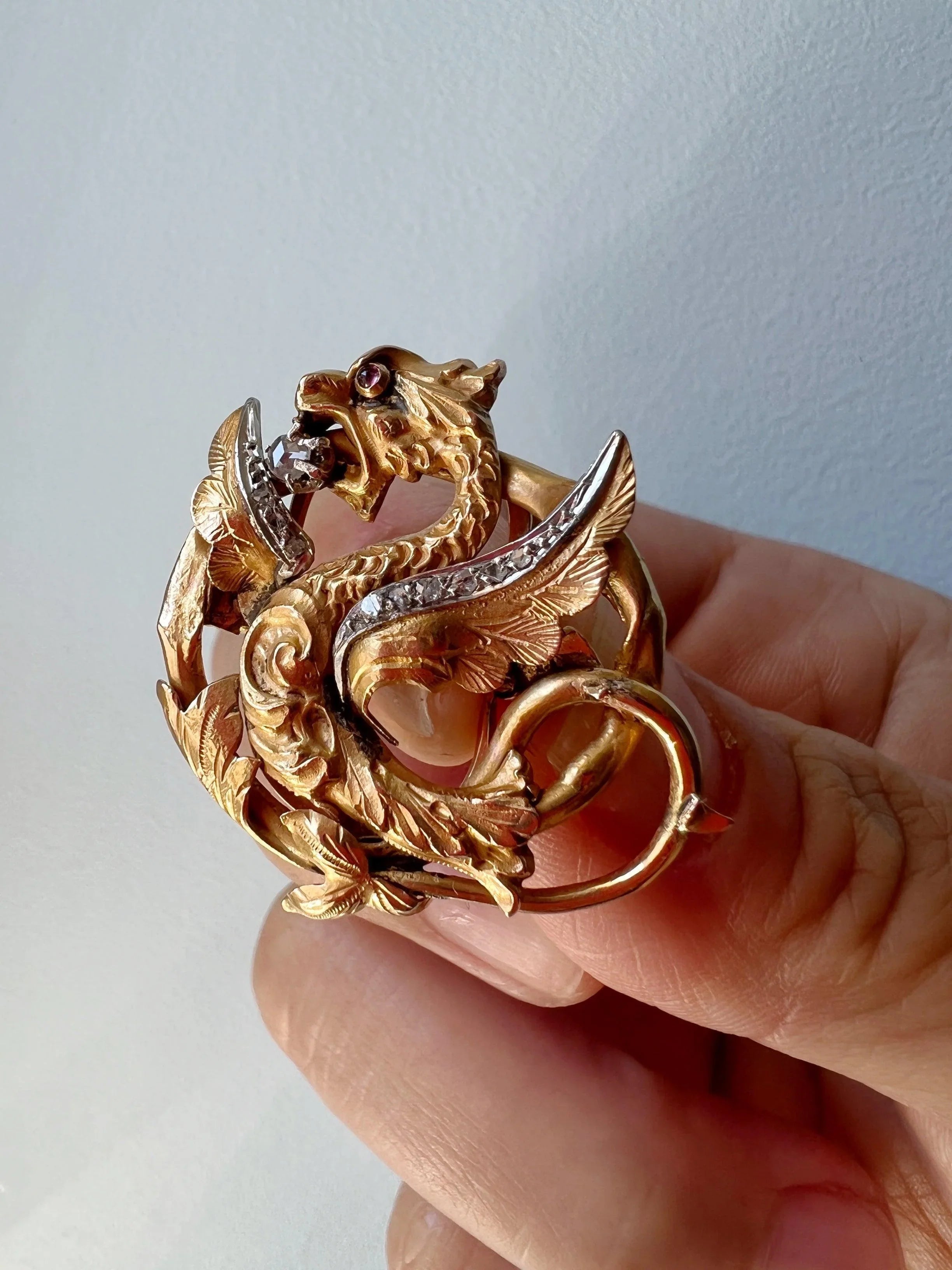 Rare French Art Nouveau 18K gold diamond chimera griffon chain clip pendant - Curiously timeless