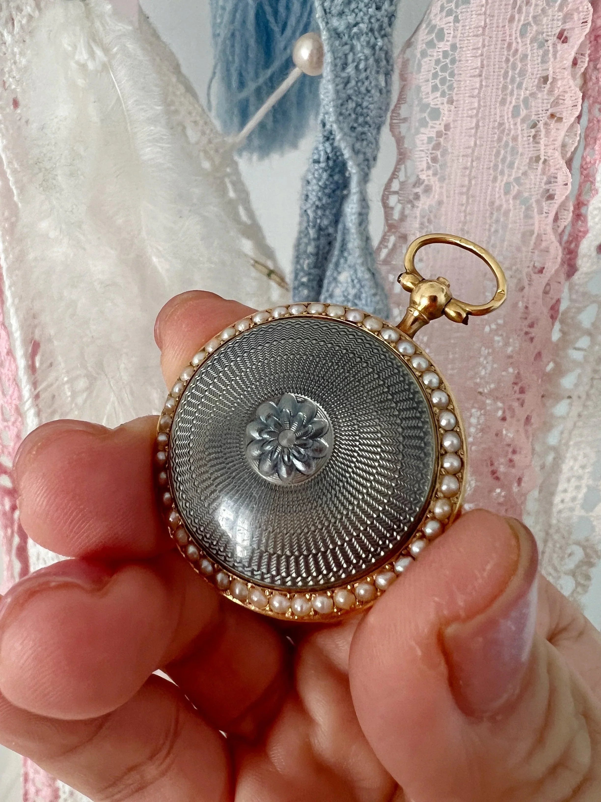 Edwardian 18k Guilloche Enamel pearl pocket watch pendant - Curiously timeless