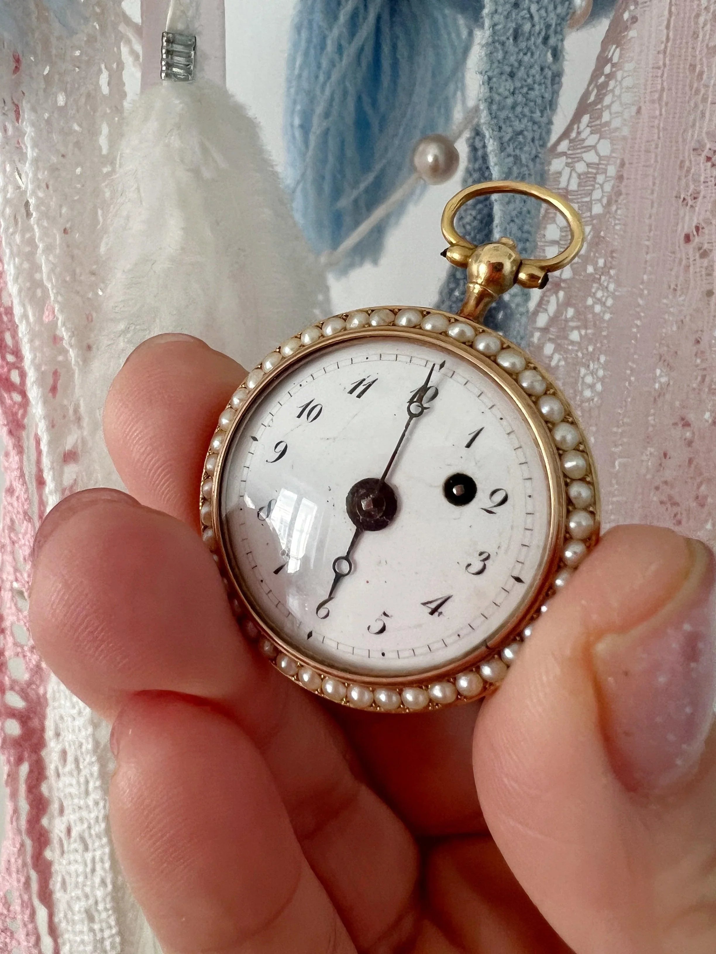 Edwardian 18k Guilloche Enamel pearl pocket watch pendant - Curiously timeless