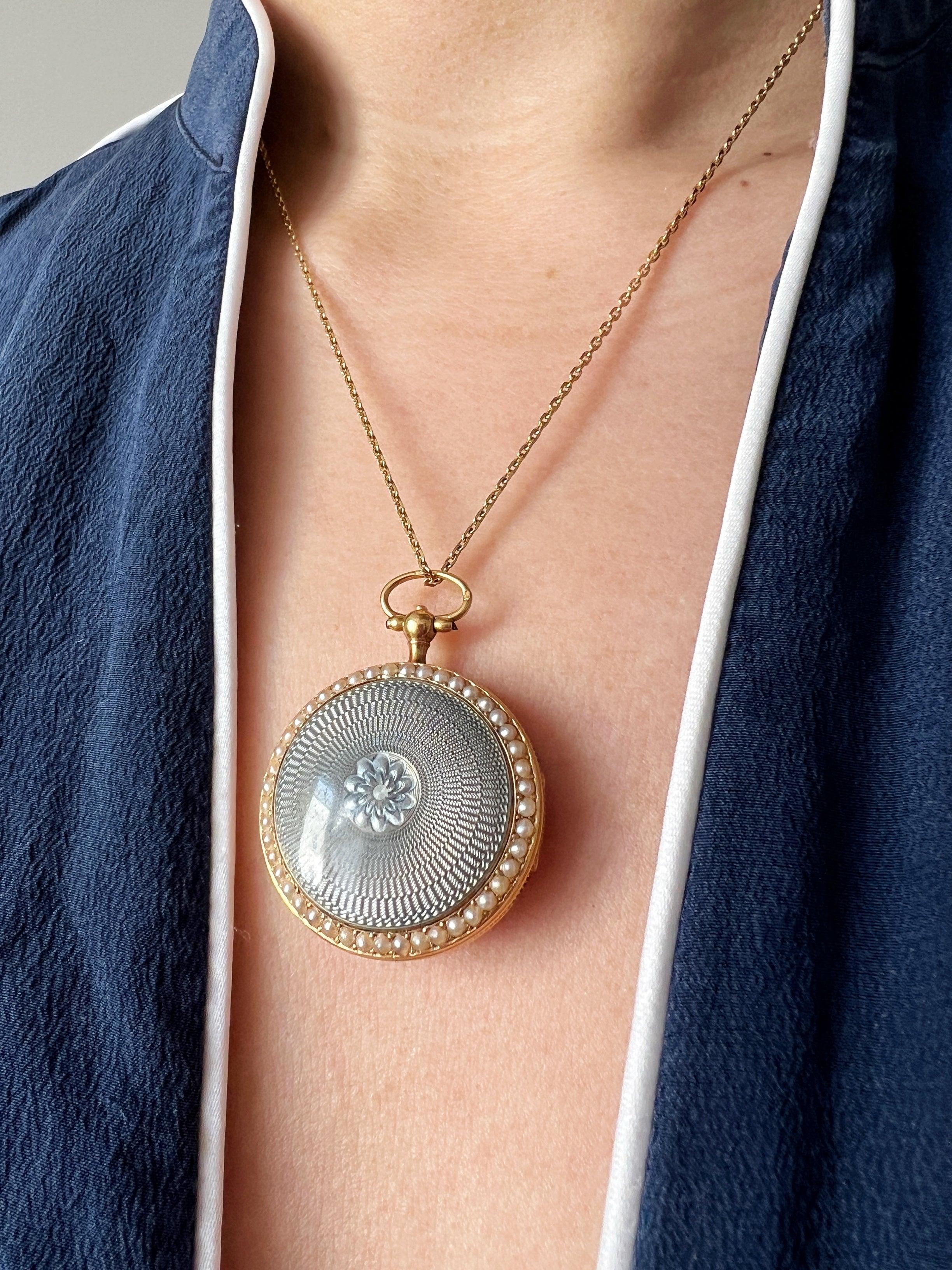 Edwardian 18k Guilloche Enamel pearl pocket watch pendant - Curiously timeless