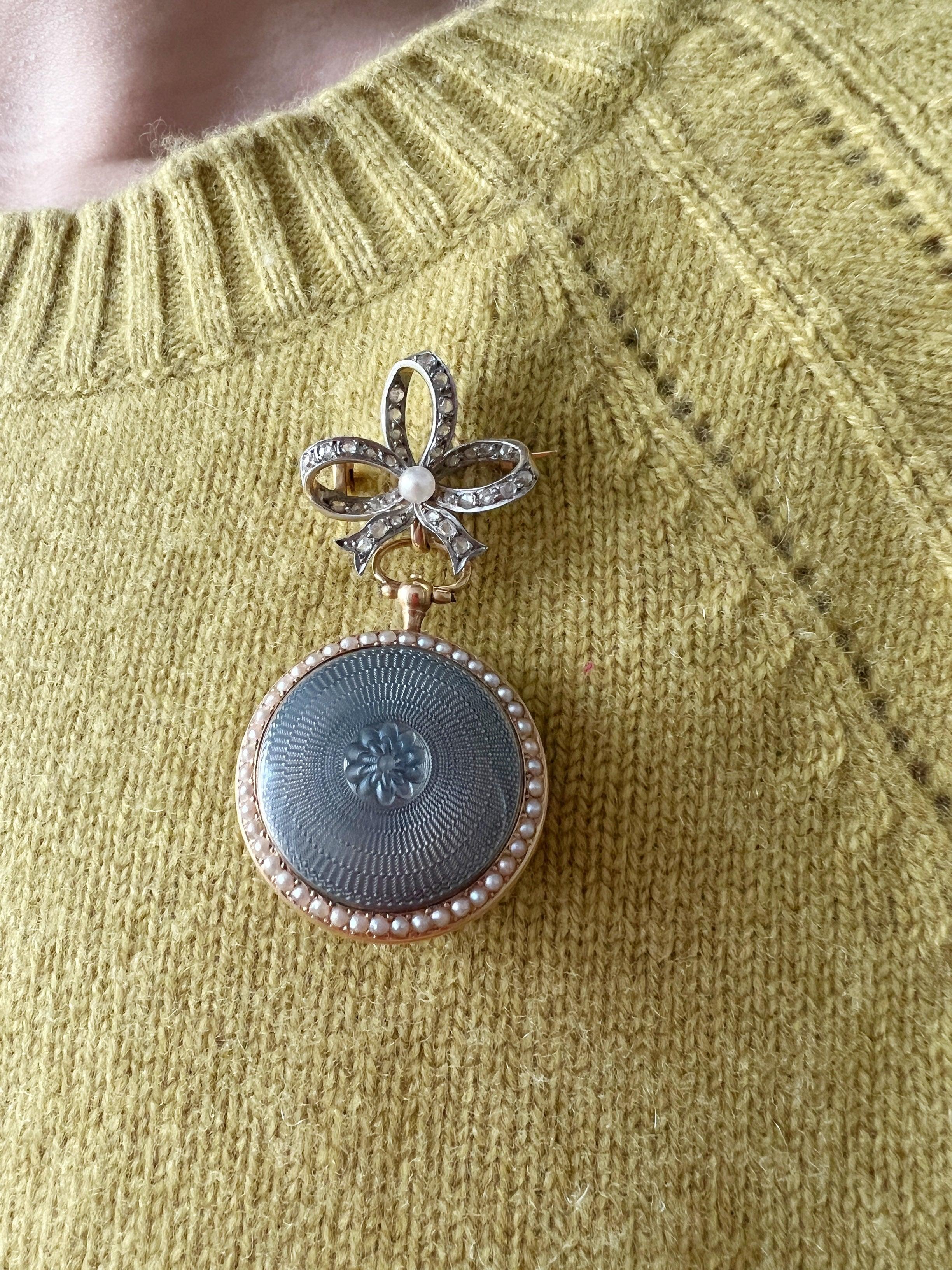 Edwardian 18k Guilloche Enamel pearl pocket watch pendant - Curiously timeless