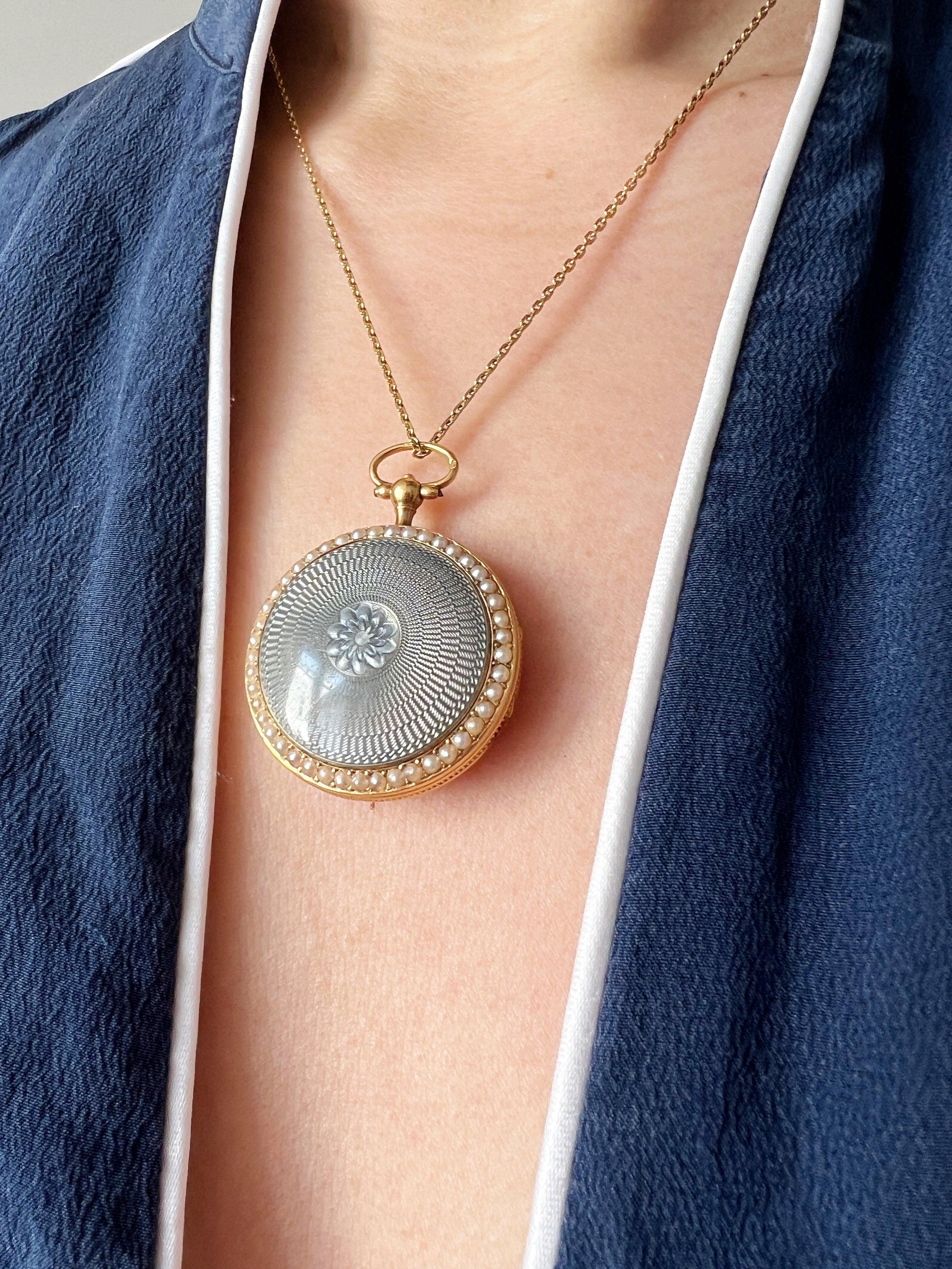 Edwardian 18k Guilloche Enamel pearl pocket watch pendant - Curiously timeless