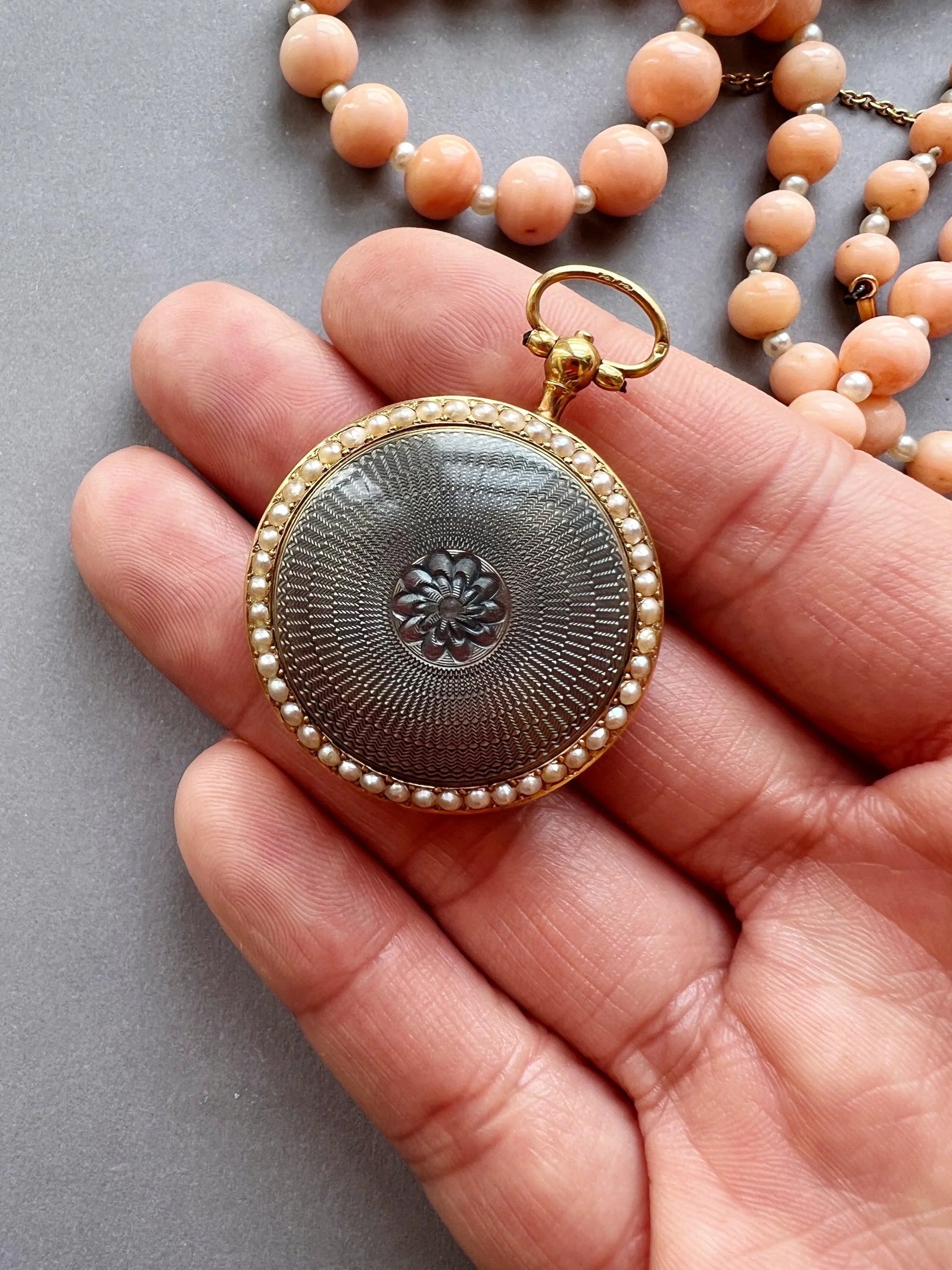 Edwardian 18k Guilloche Enamel pearl pocket watch pendant - Curiously timeless