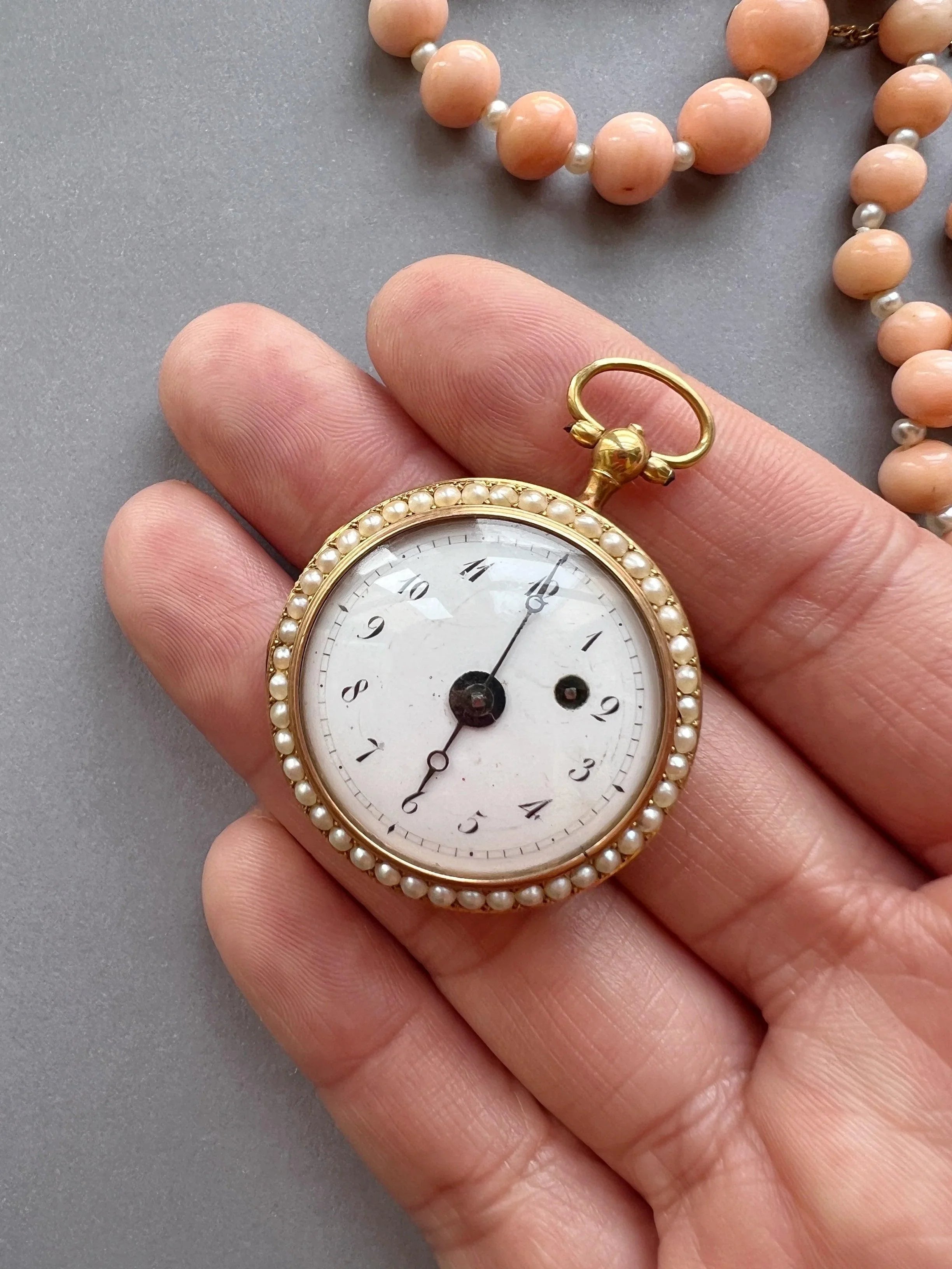 Edwardian 18k Guilloche Enamel pearl pocket watch pendant - Curiously timeless