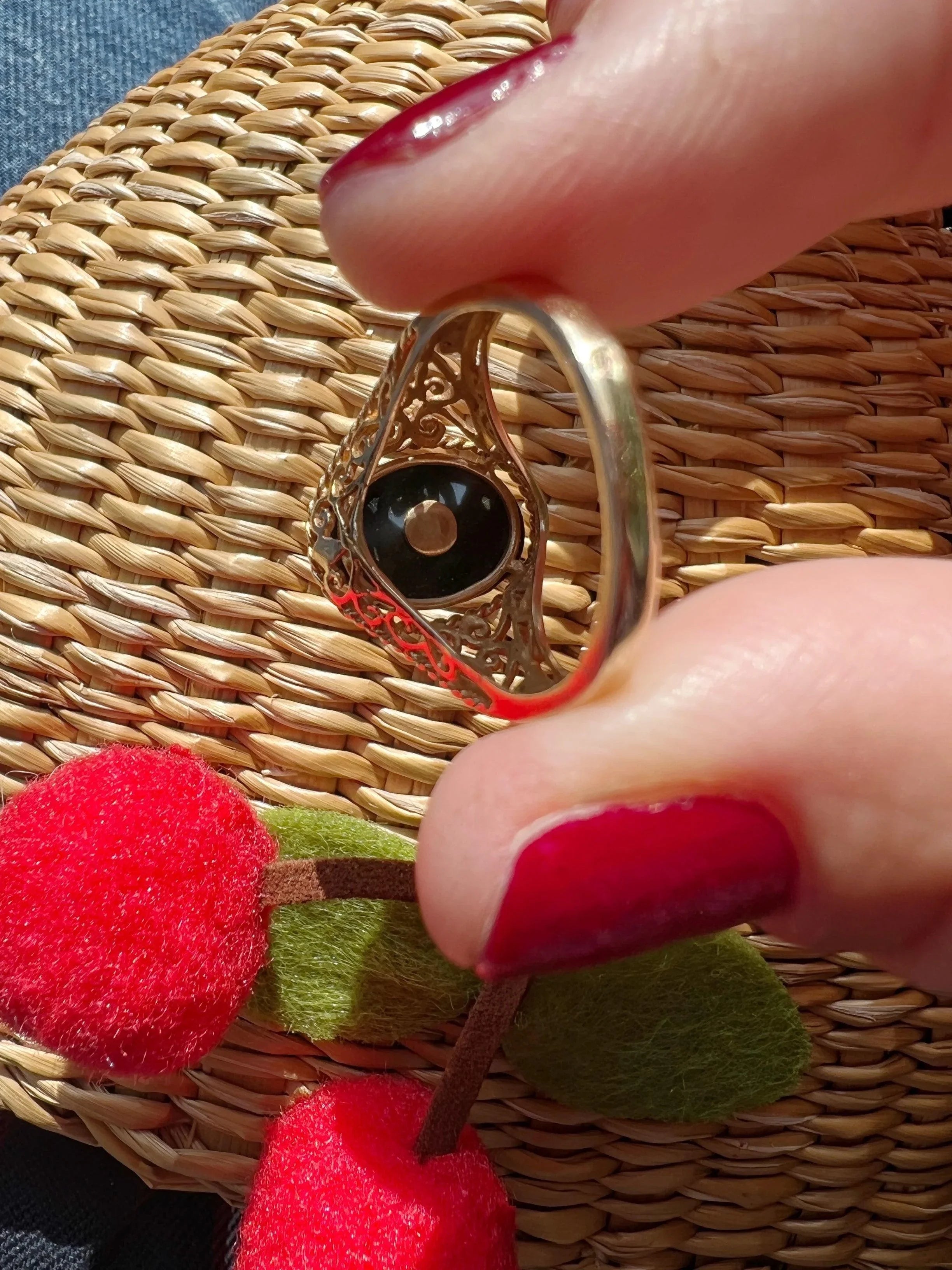 14k yellow gold banded agate diamond ring - Curiously timeless