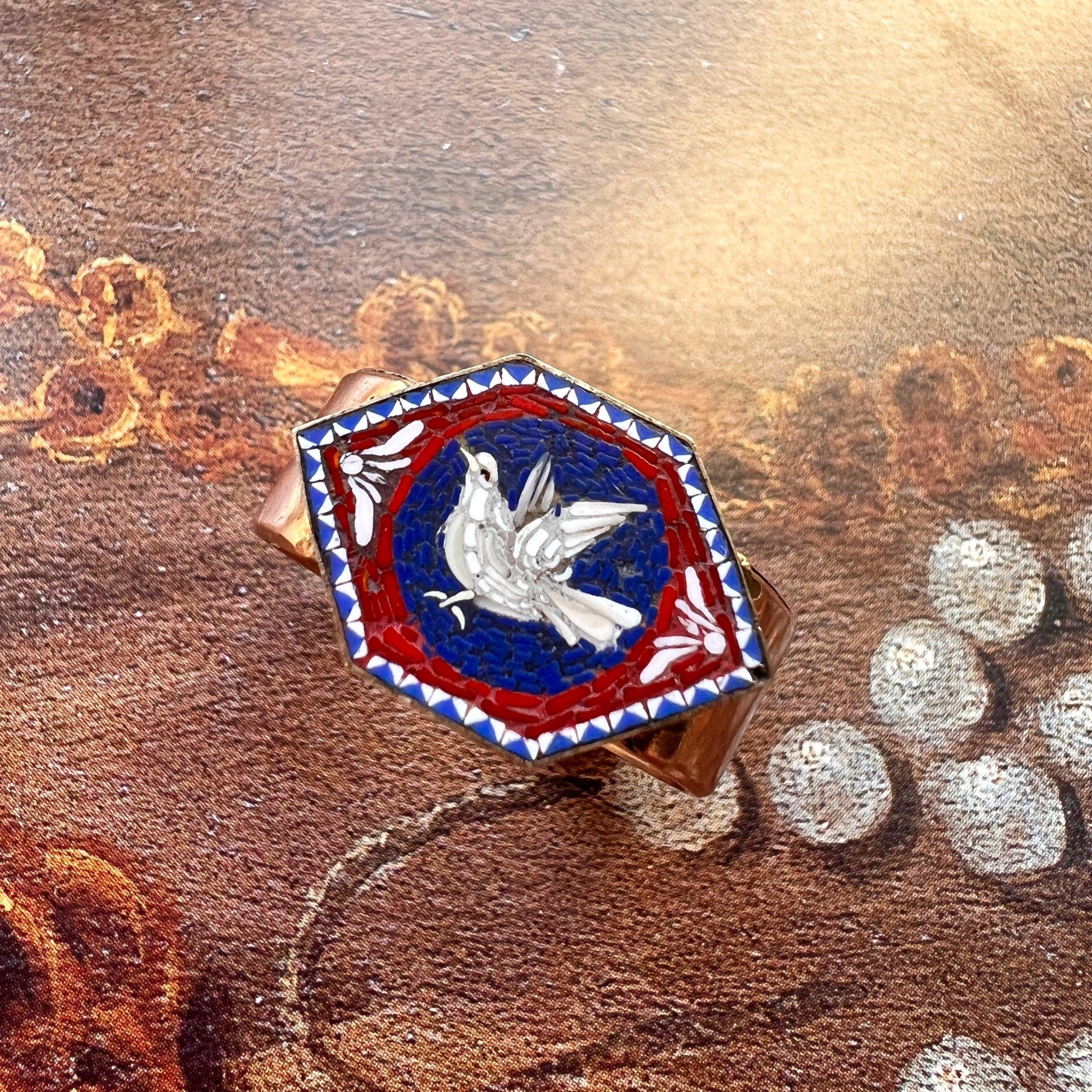 Museum quality stunning French Antique 18K gold micro mosaic dove ring - Curiously timeless