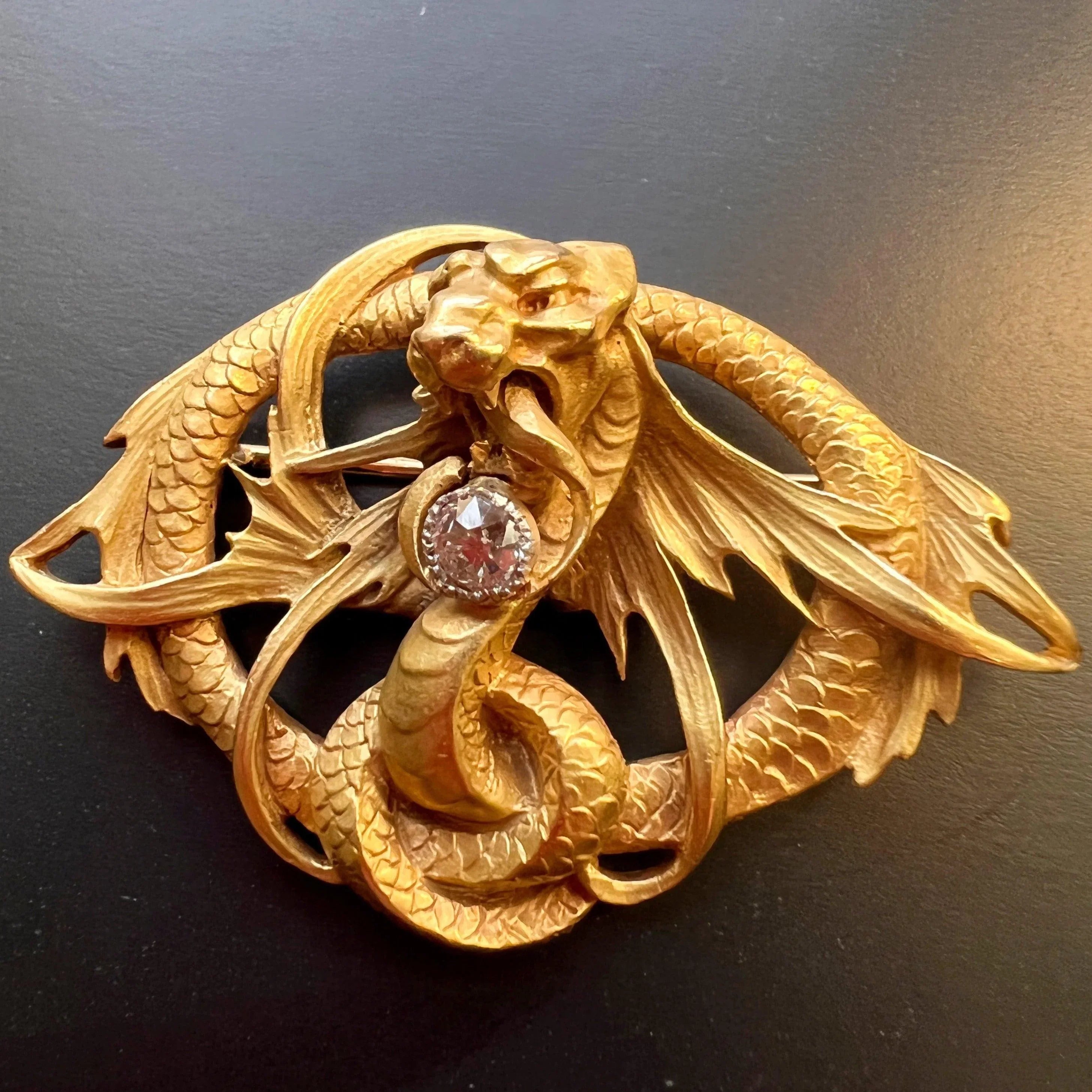 Magnificent French Antique 18K gold diamond Chimera brooch - Curiously timeless
