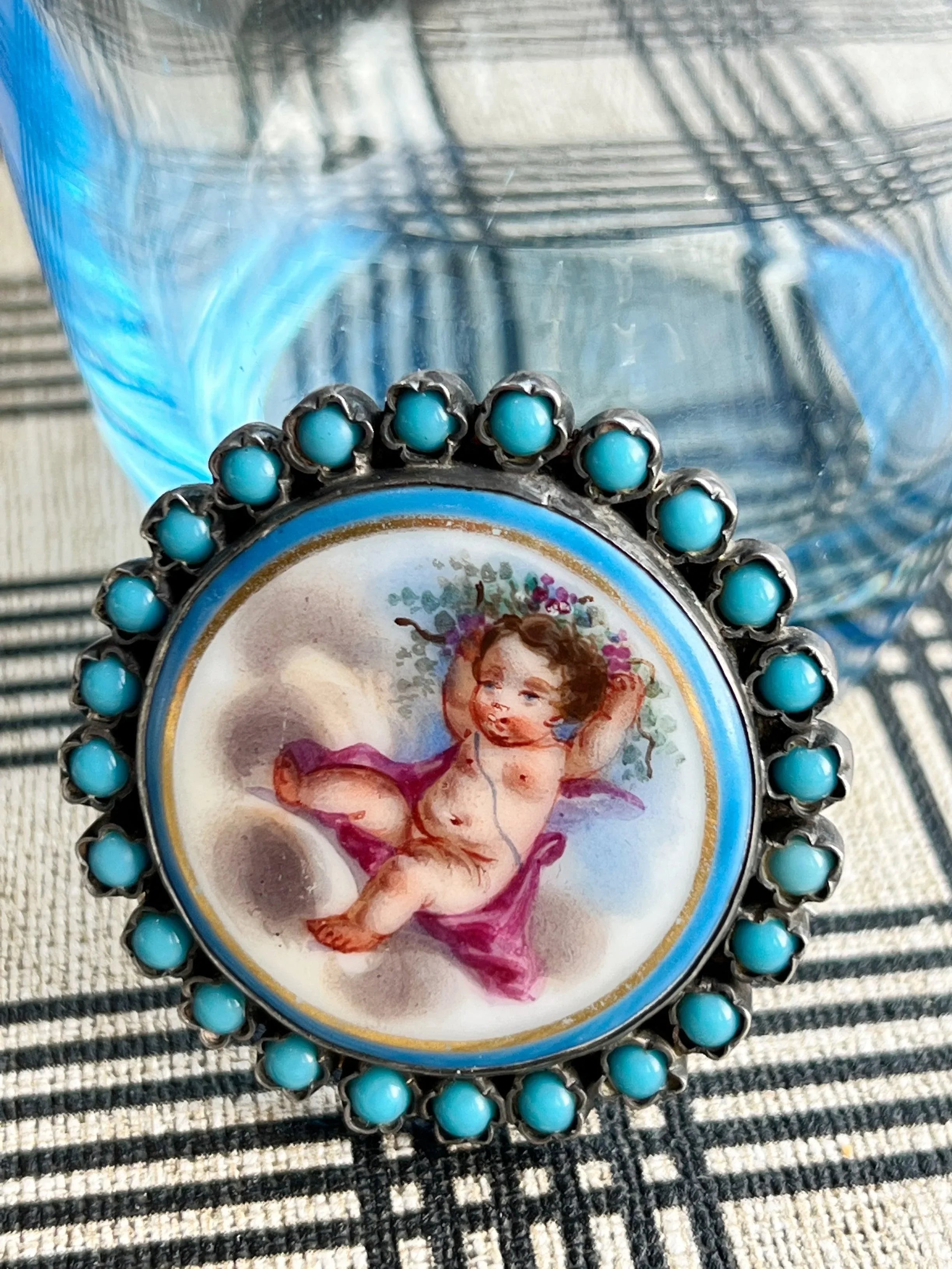 Rare & Beautiful French Antique Turquoise Angel Cherub miniature silver brooch - Curiously timeless