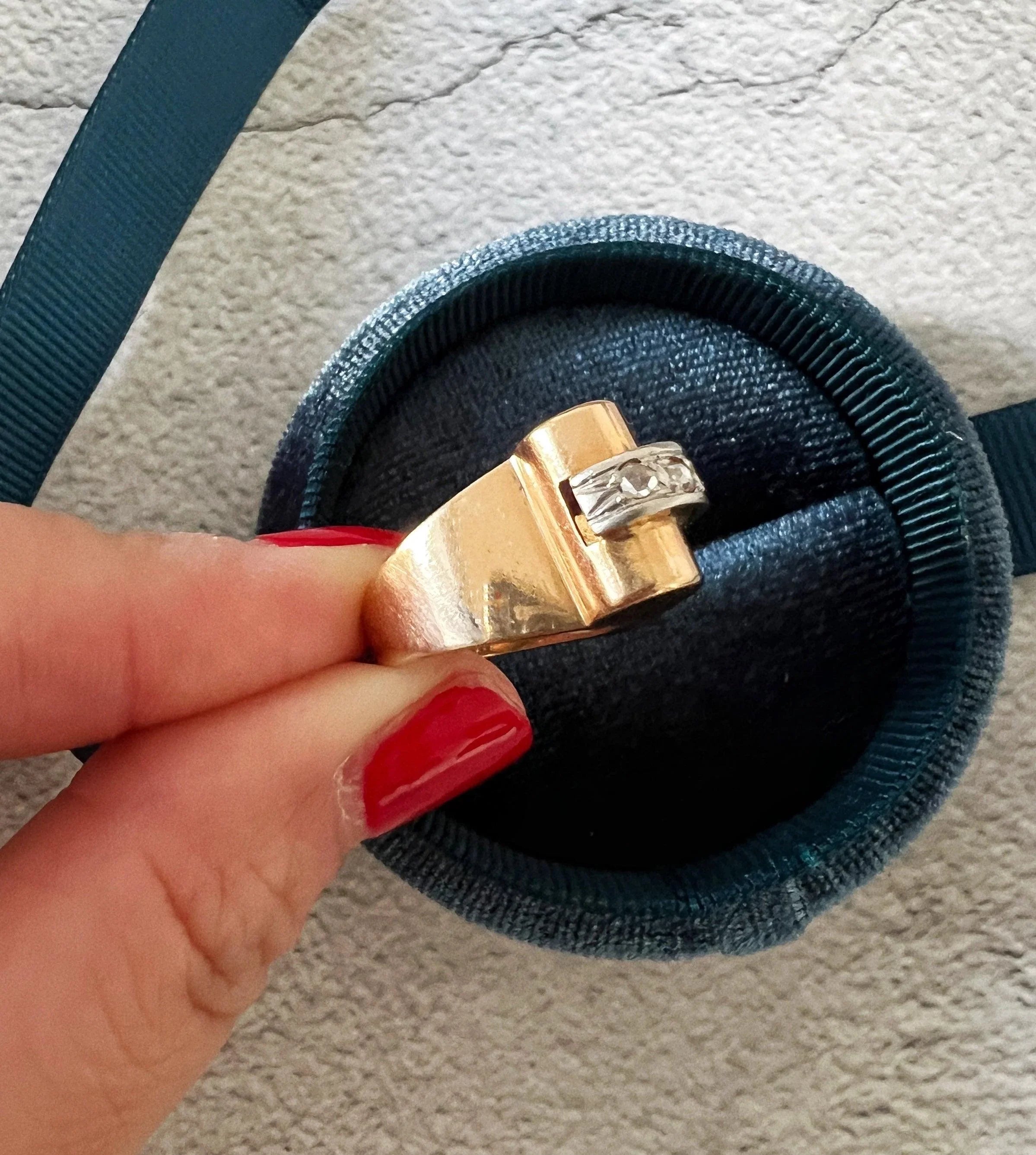 French 1940s 18k yellow gold diamond ruby tank ring - Curiously timeless