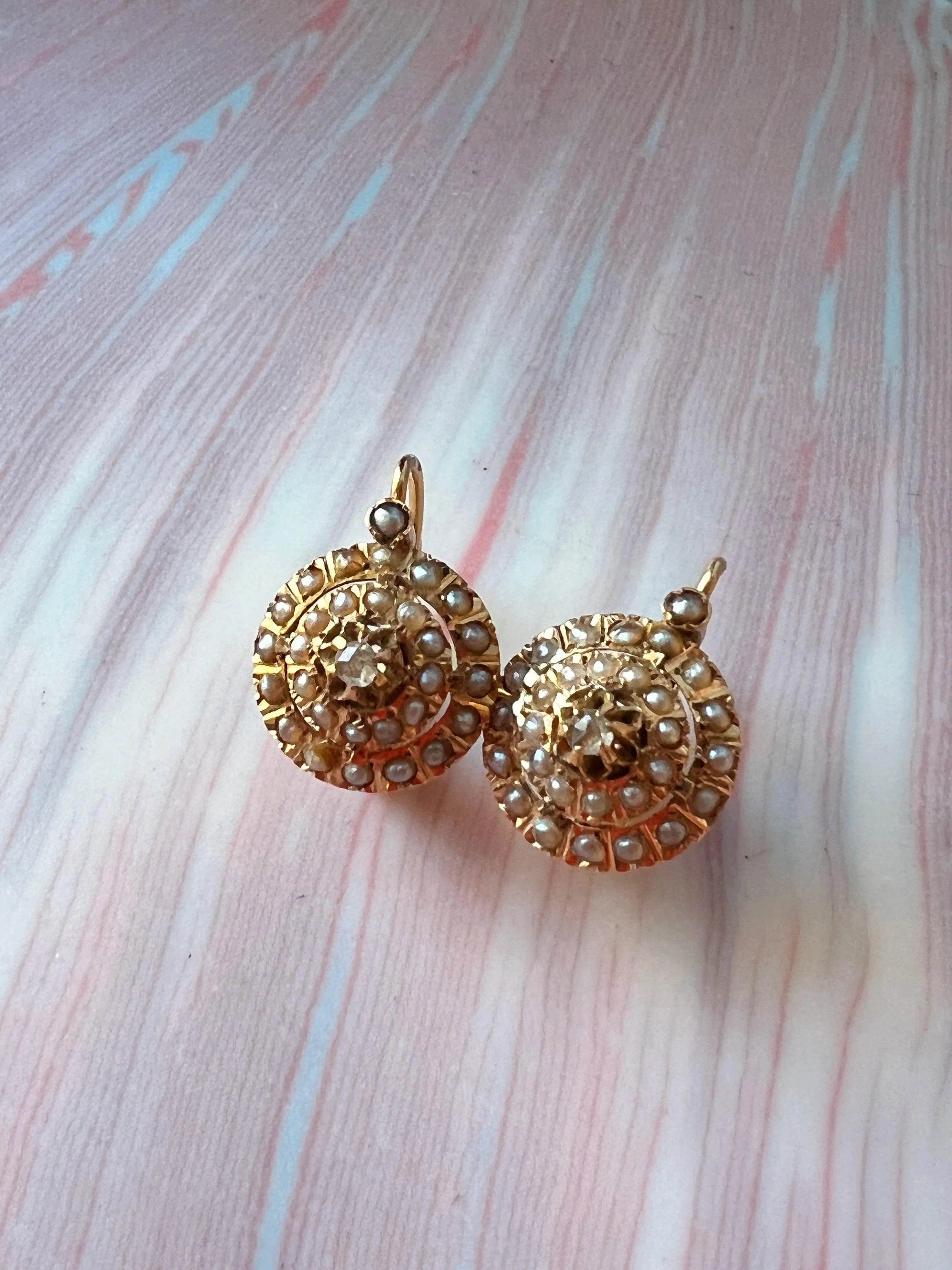 Beautiful French Antique Victorian 18K pearl diamond dome sleeper earrings - Curiously timeless