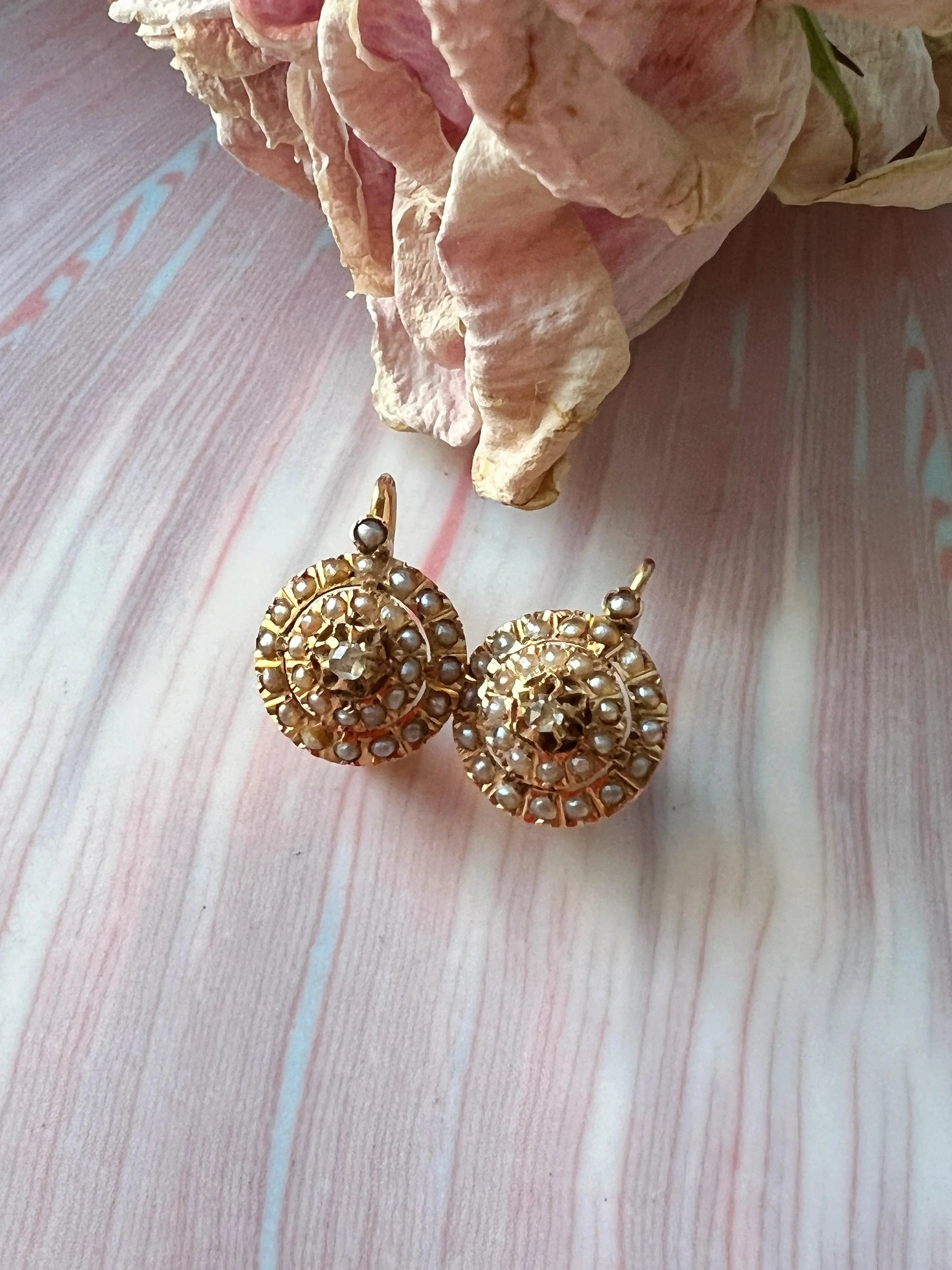 Beautiful French Antique Victorian 18K pearl diamond dome sleeper earrings - Curiously timeless