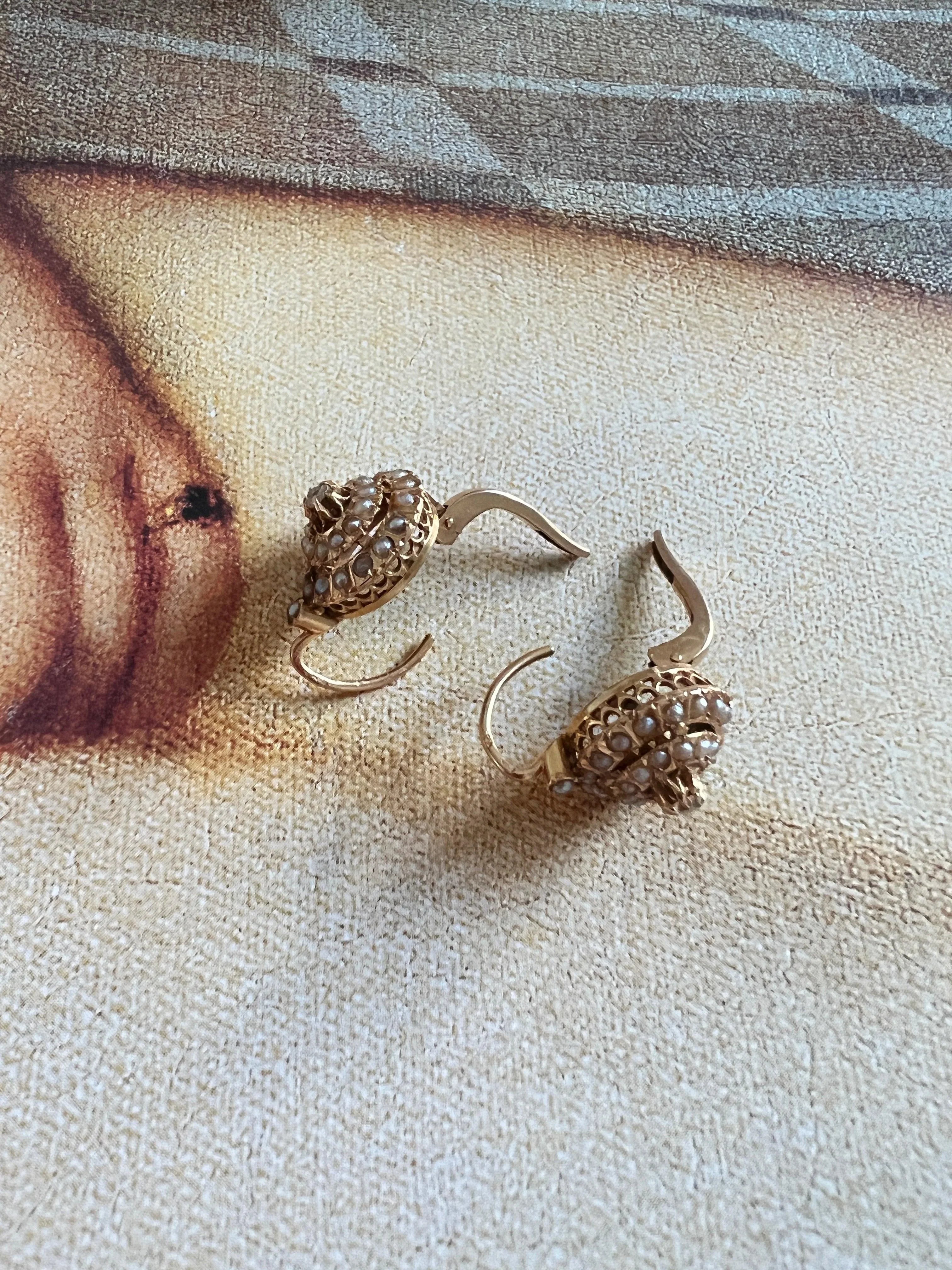 Beautiful French Antique Victorian 18K pearl diamond dome sleeper earrings - Curiously timeless