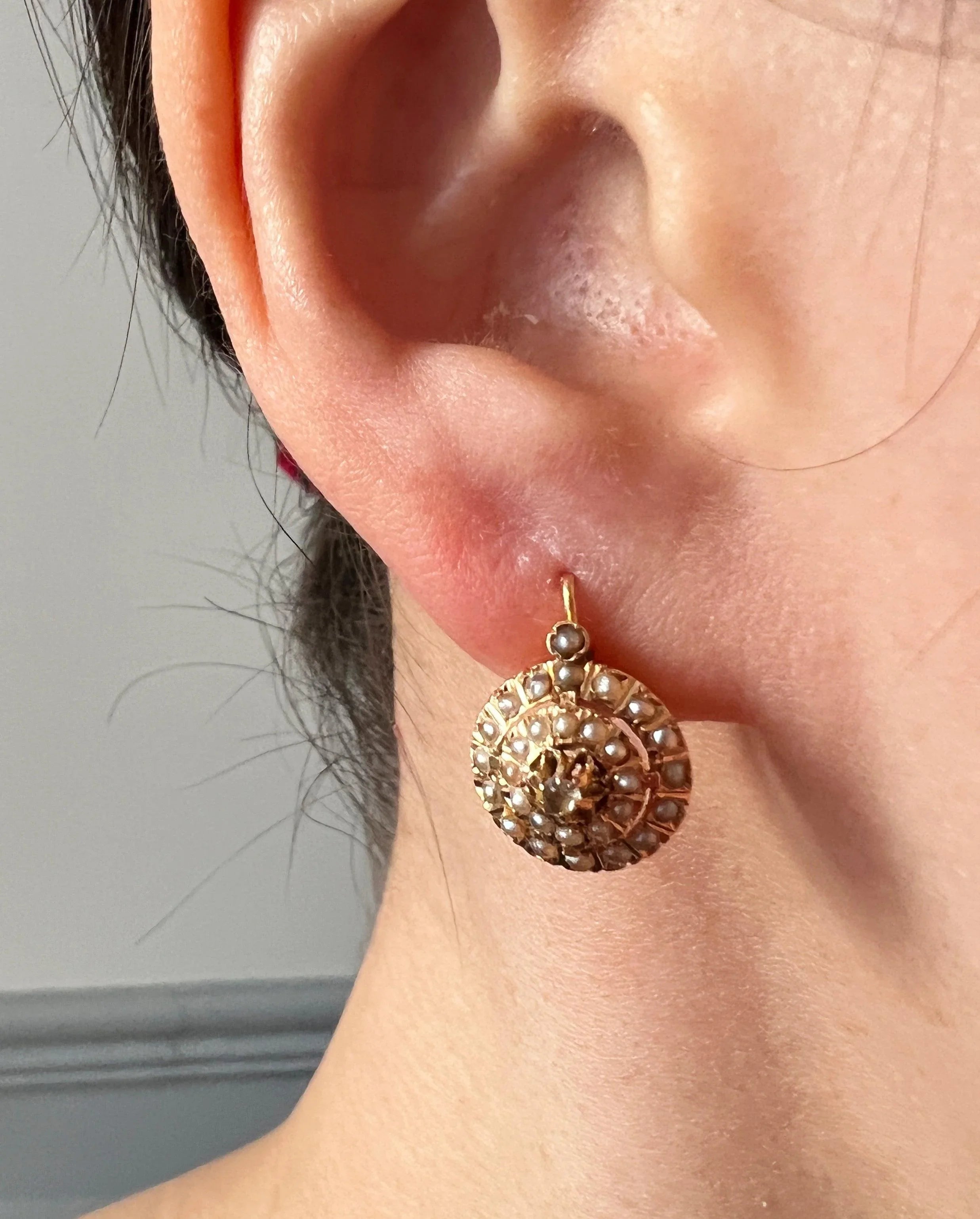 Beautiful French Antique Victorian 18K pearl diamond dome sleeper earrings - Curiously timeless