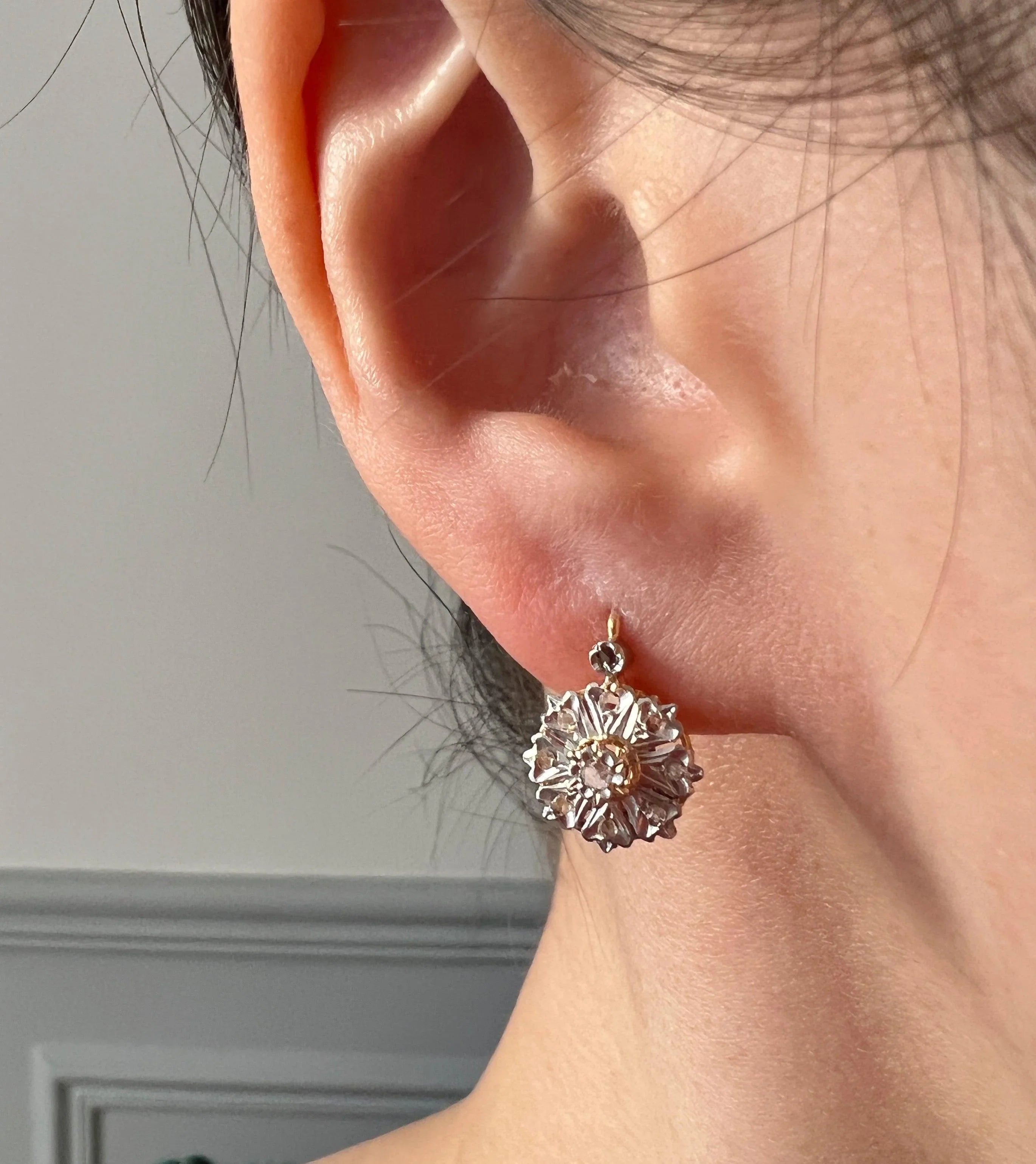 Elegant French Antique Victorian 18K diamond flower sleeper earrings - Curiously timeless