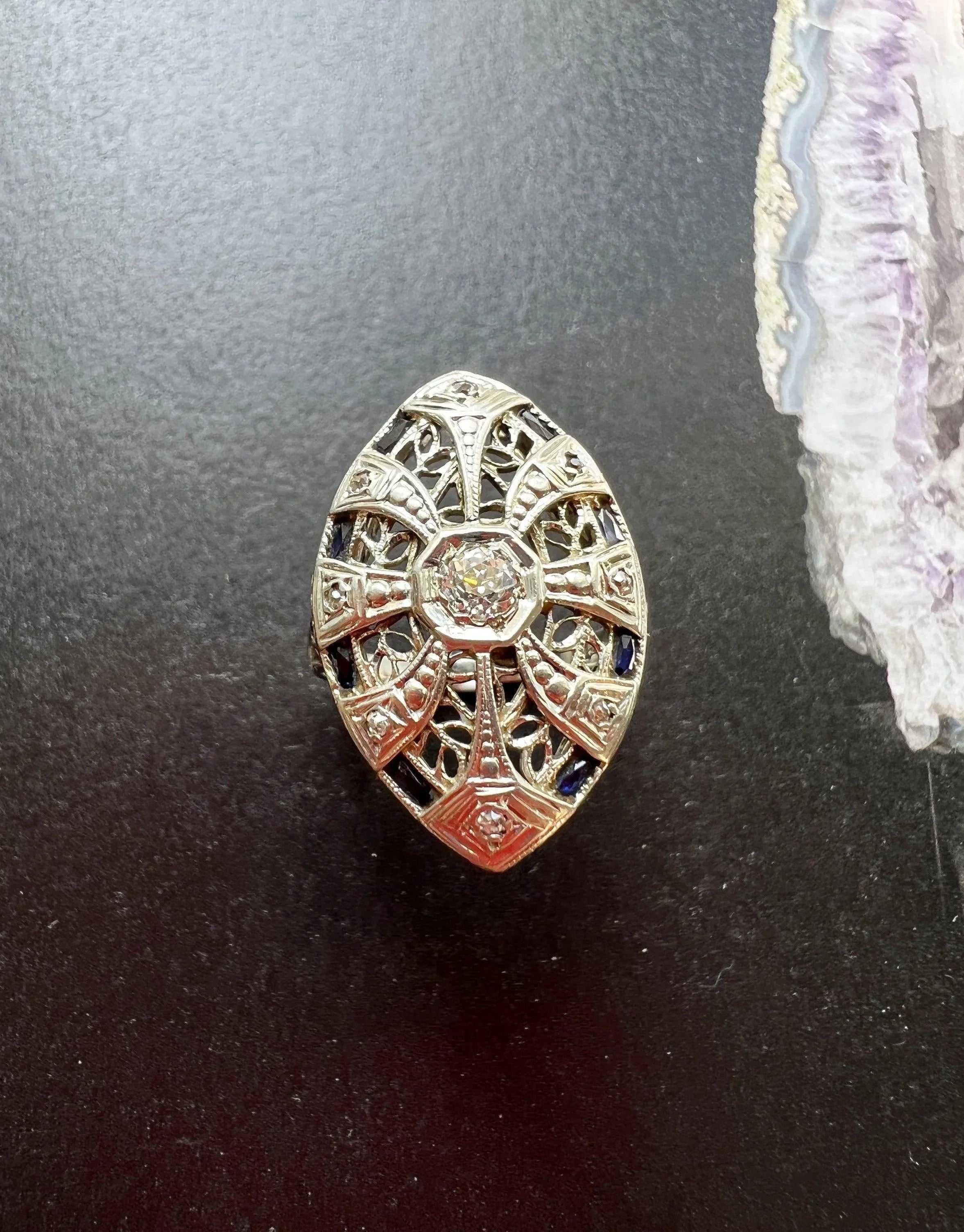 Art Deco 18k gold diamond sapphire Navette ring - Curiously timeless