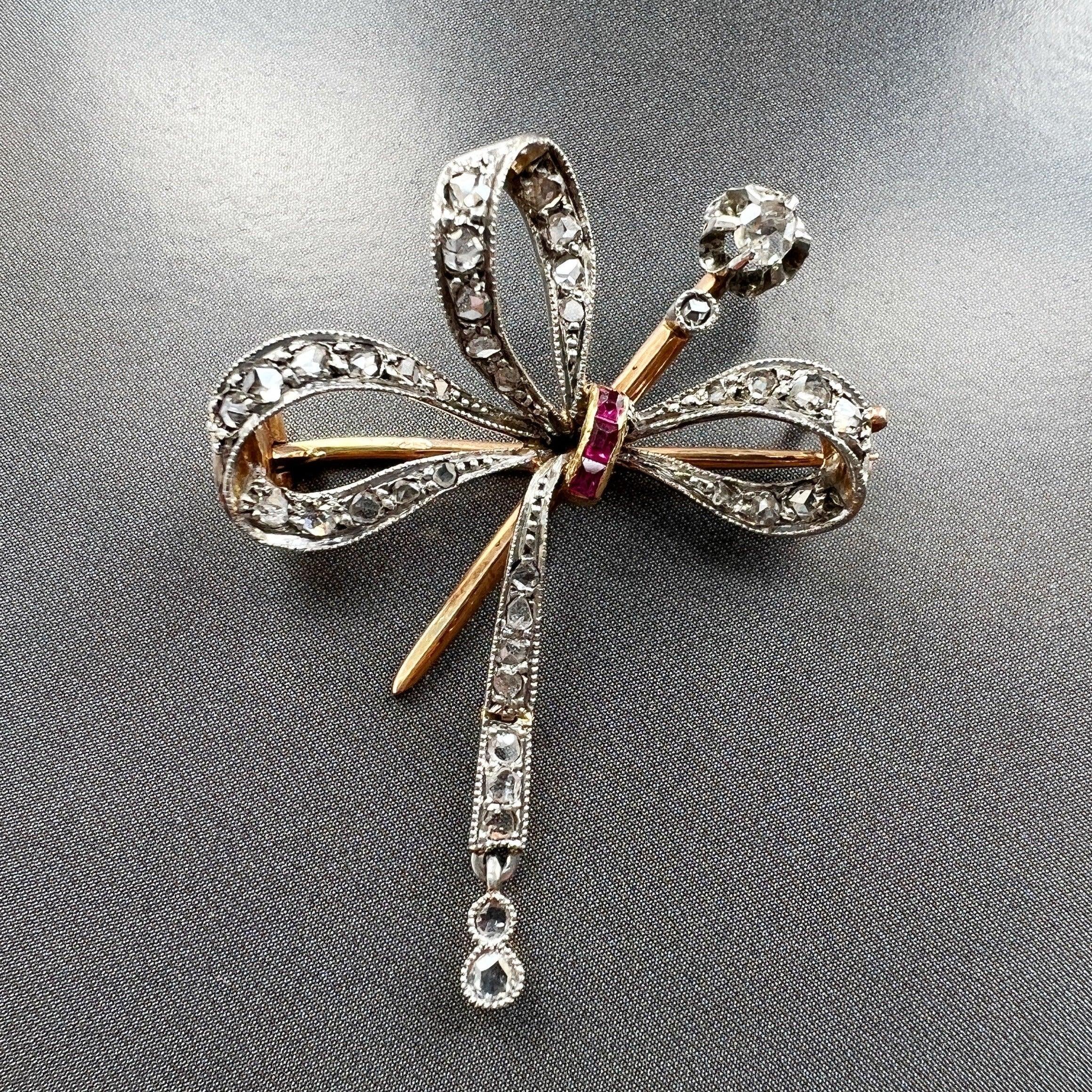 Victorian era 18K gold rose cut diamonds ruby articulated bow brooch - Curiously timeless