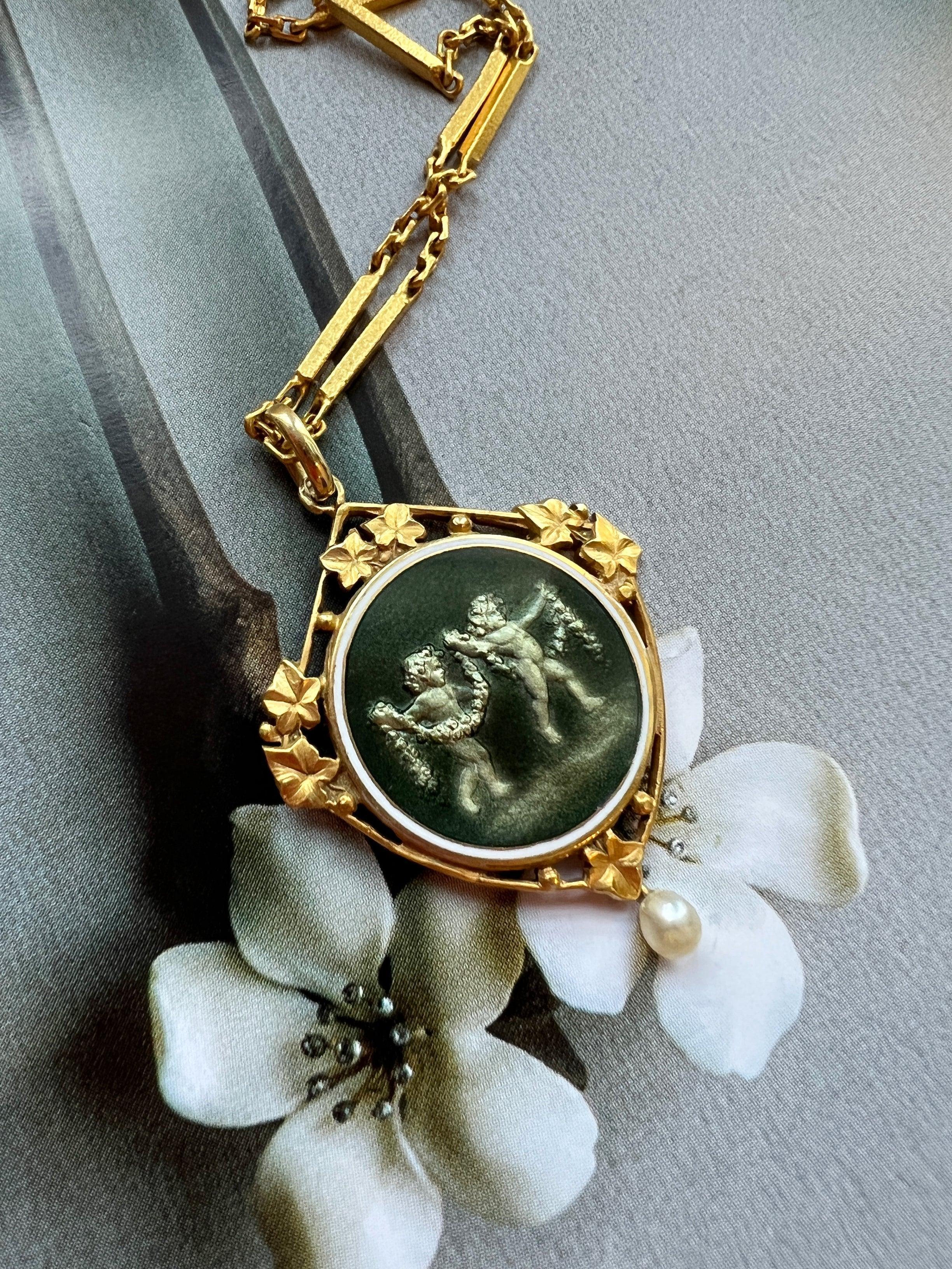 Art Nouveau 18k gold pearl twin star medal pendant - Curiously timeless
