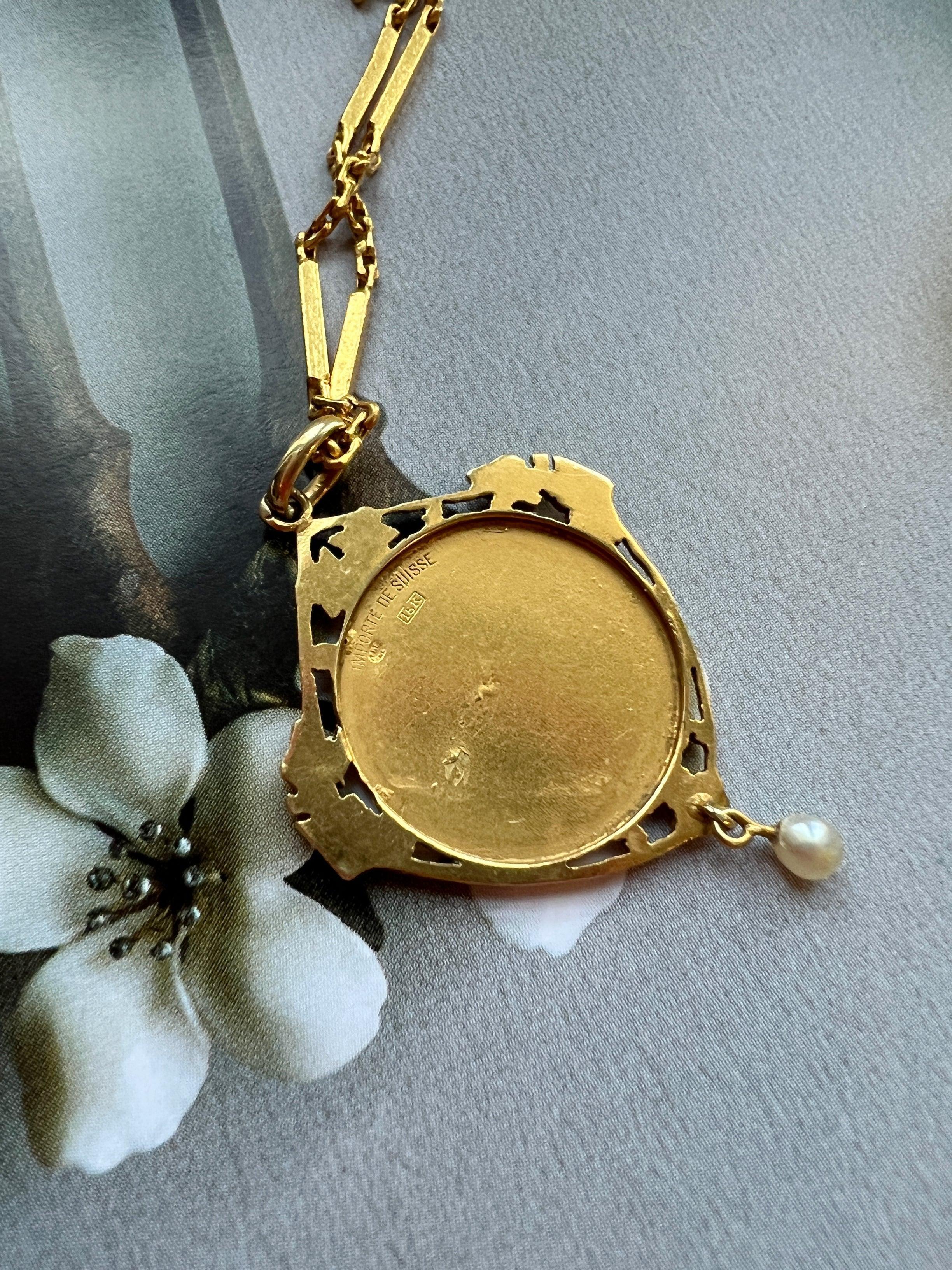 Art Nouveau 18k gold pearl twin star medal pendant - Curiously timeless