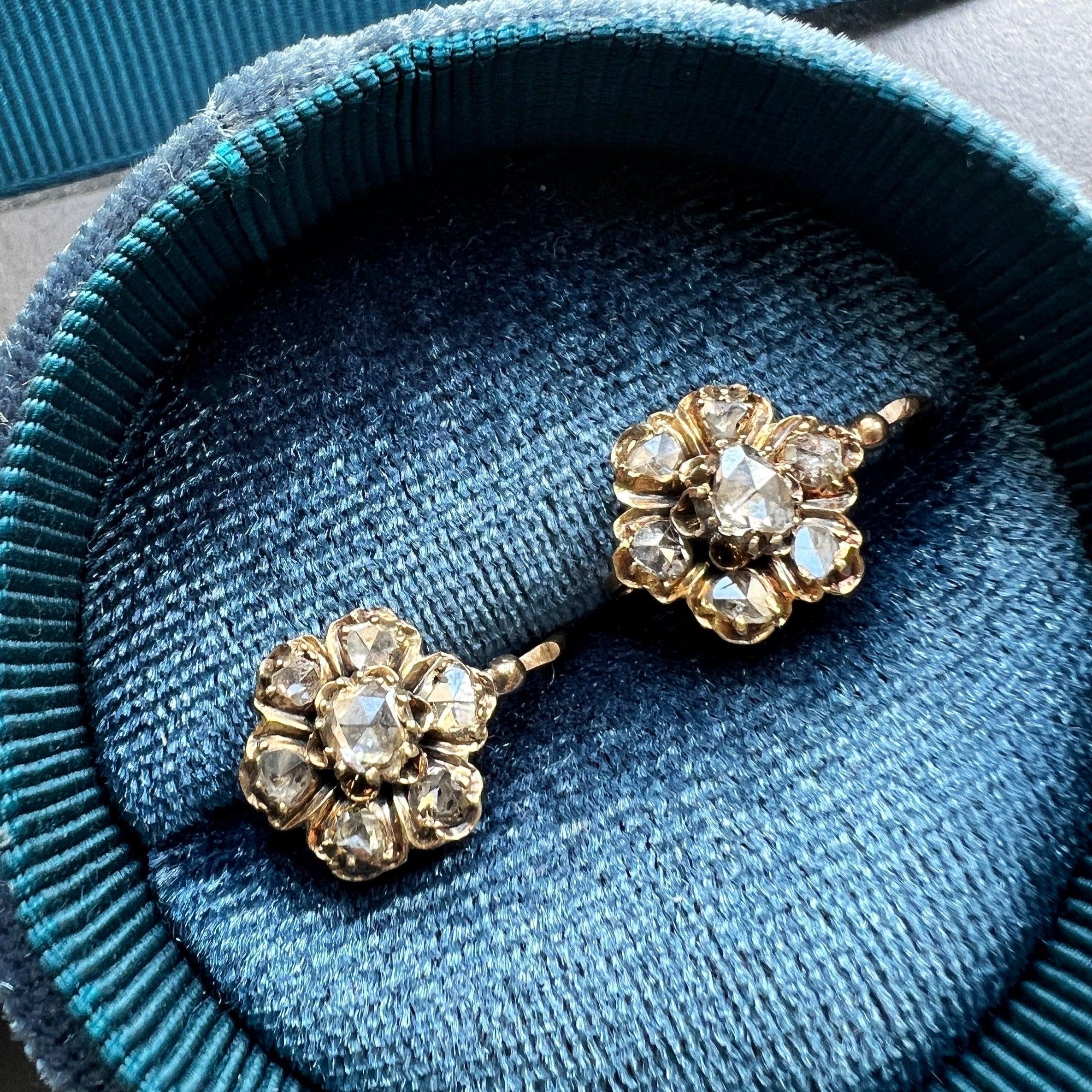 Victorian era 18K gold rose cut diamonds flower dangle earrings - Curiously timeless