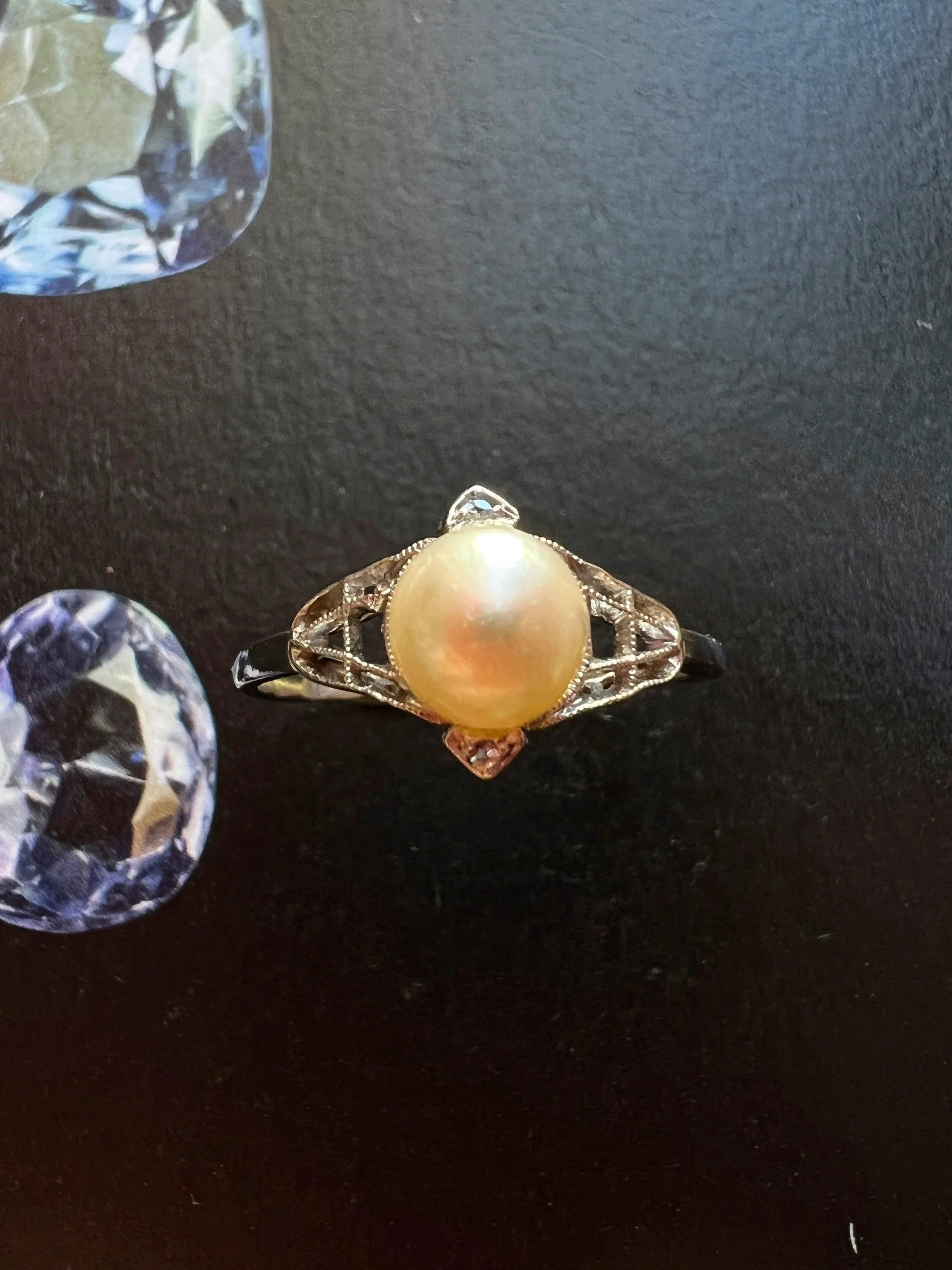 Timeless Art Deco Era 18K white gold pearl diamond ring - Curiously timeless