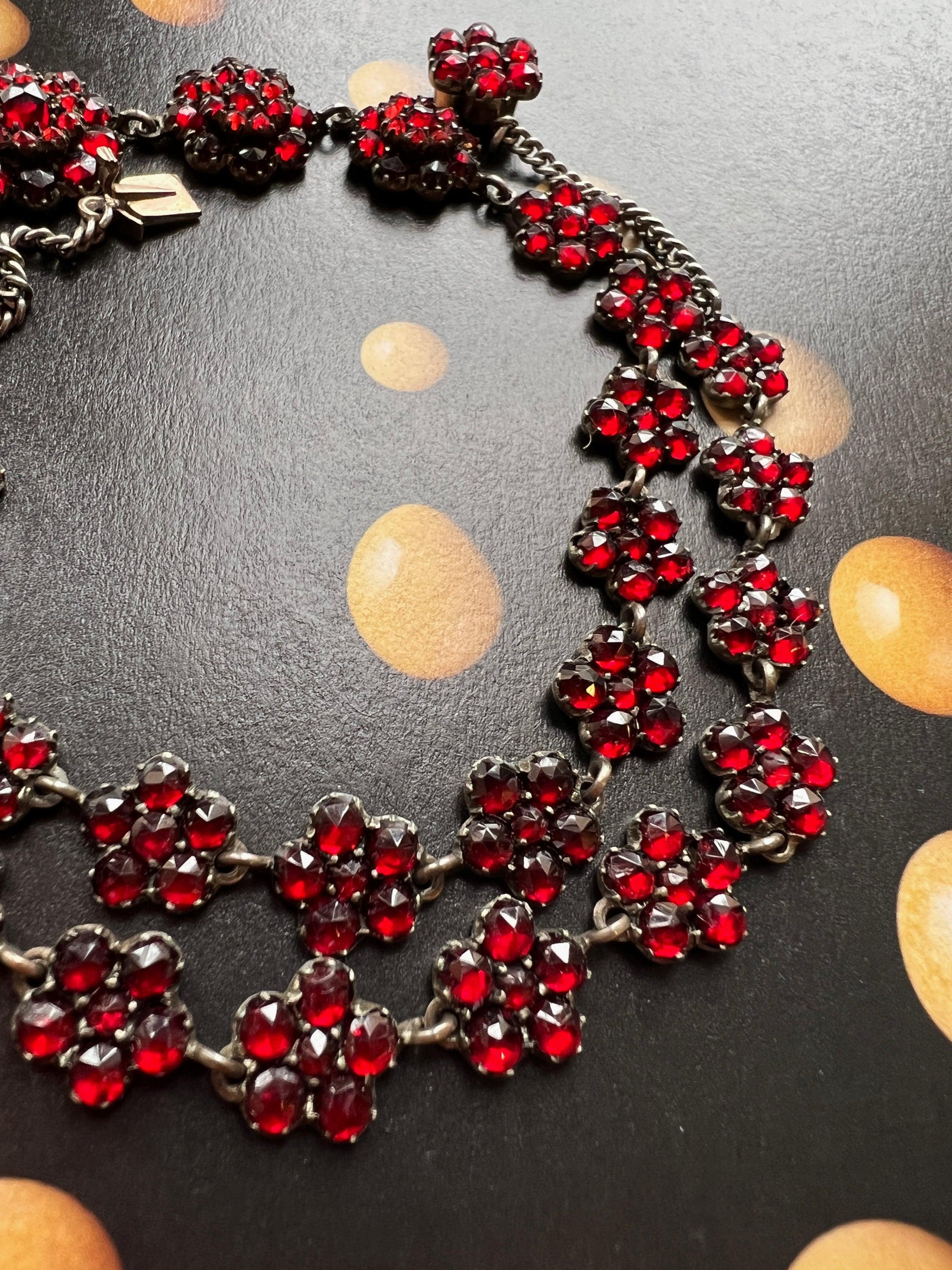 Sparkling Victorian Era Red Bohemian Garnet flower silver necklace - Curiously timeless