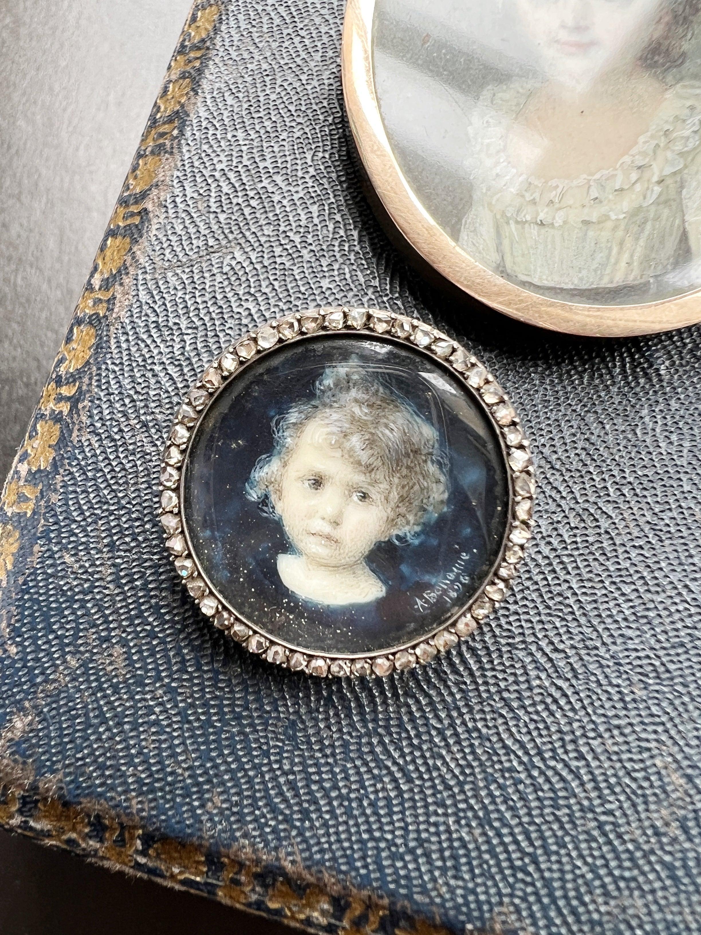 Victorian era 18K gold rose cut diamond child miniature portrait brooch - Curiously timeless