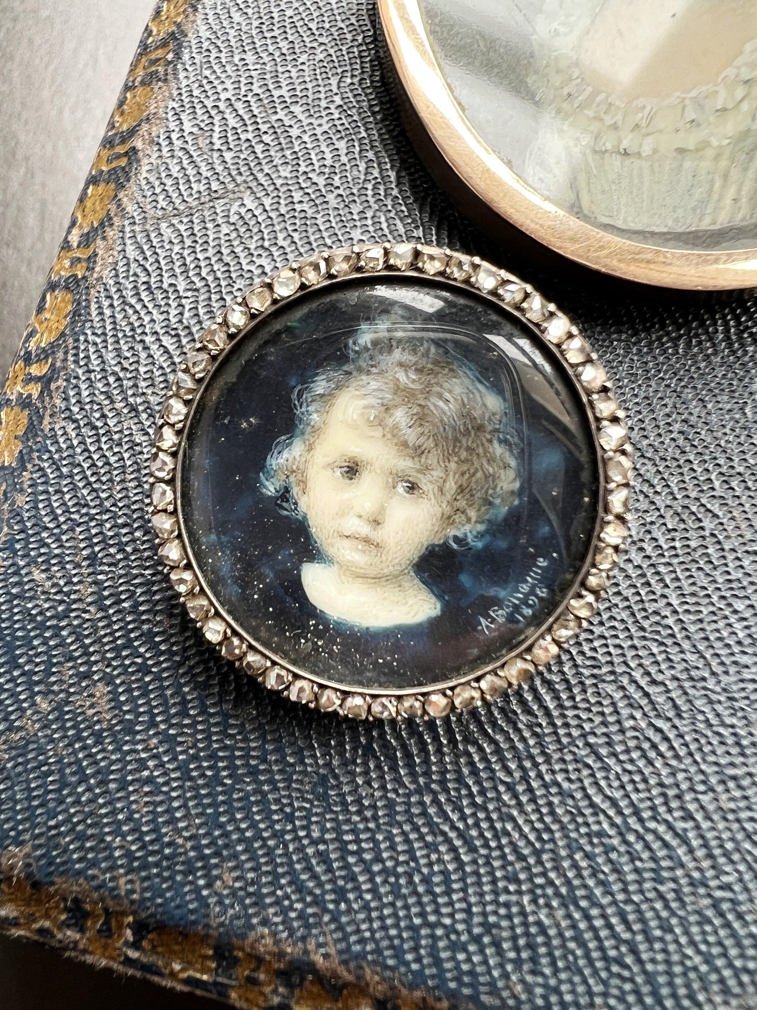 Victorian era 18K gold rose cut diamond child miniature portrait brooch - Curiously timeless