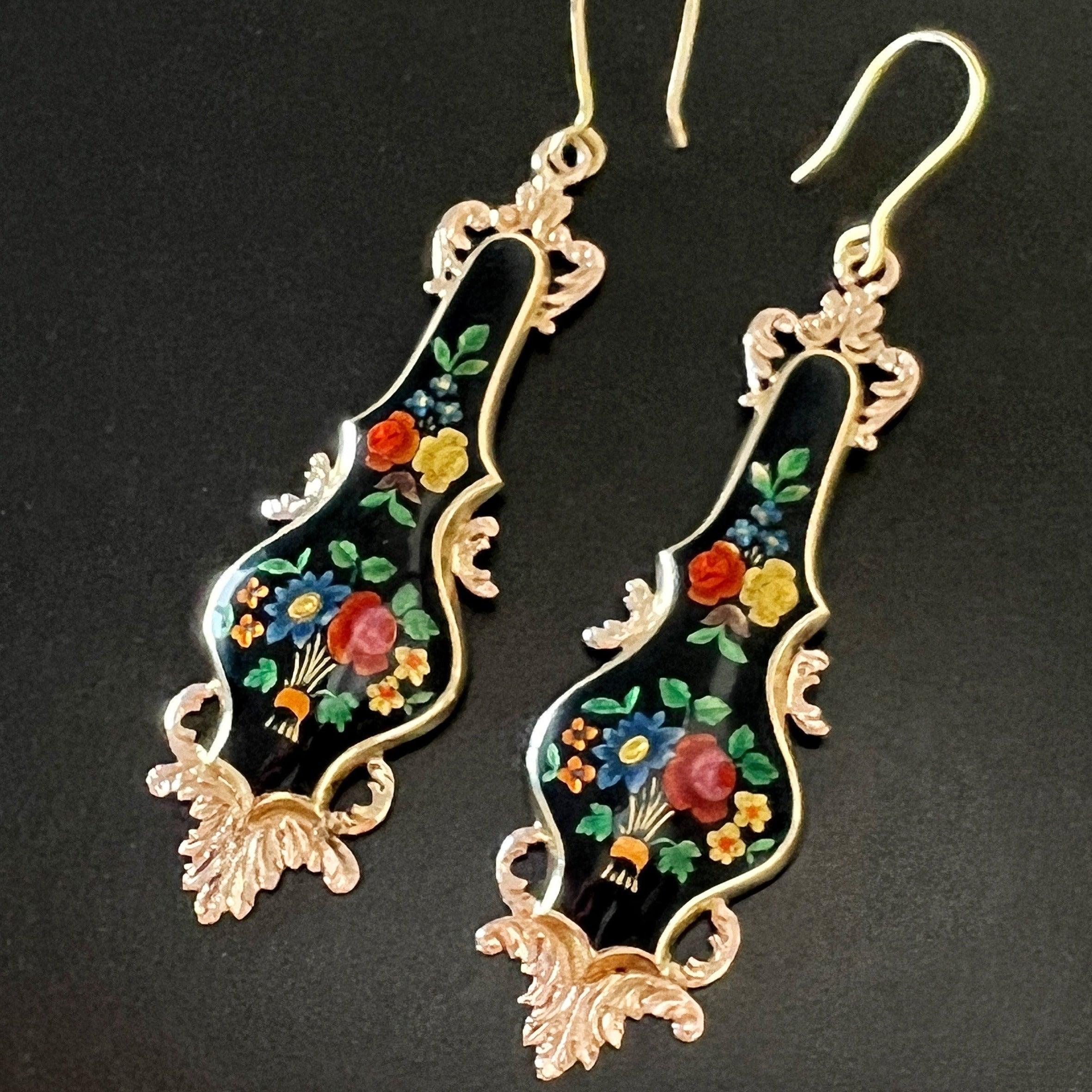 Victorian era 18K gold enamel flower drop earrings - Curiously timeless