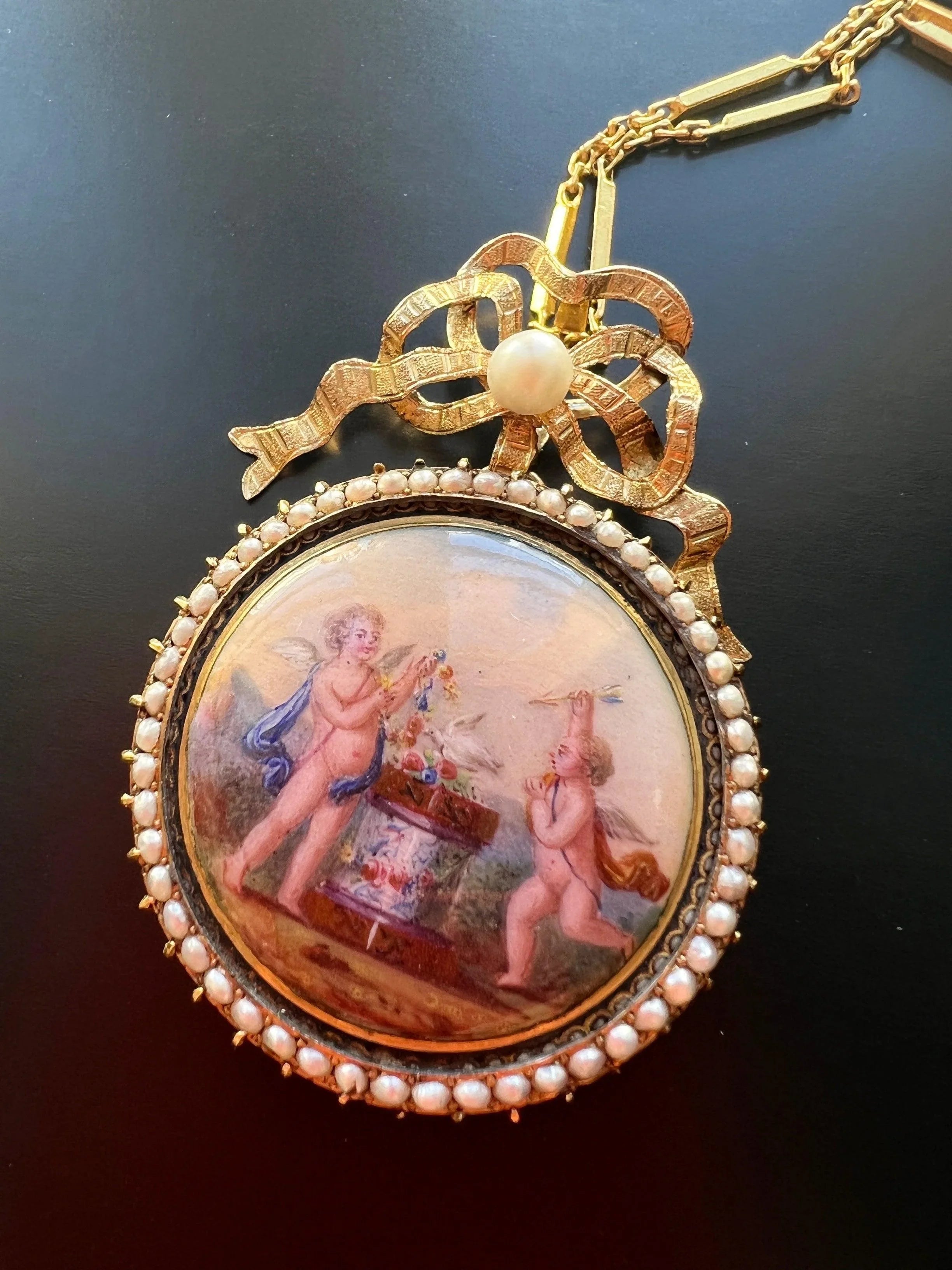 Victorian era 14K gold pearl Cupid bow pendant - Curiously timeless