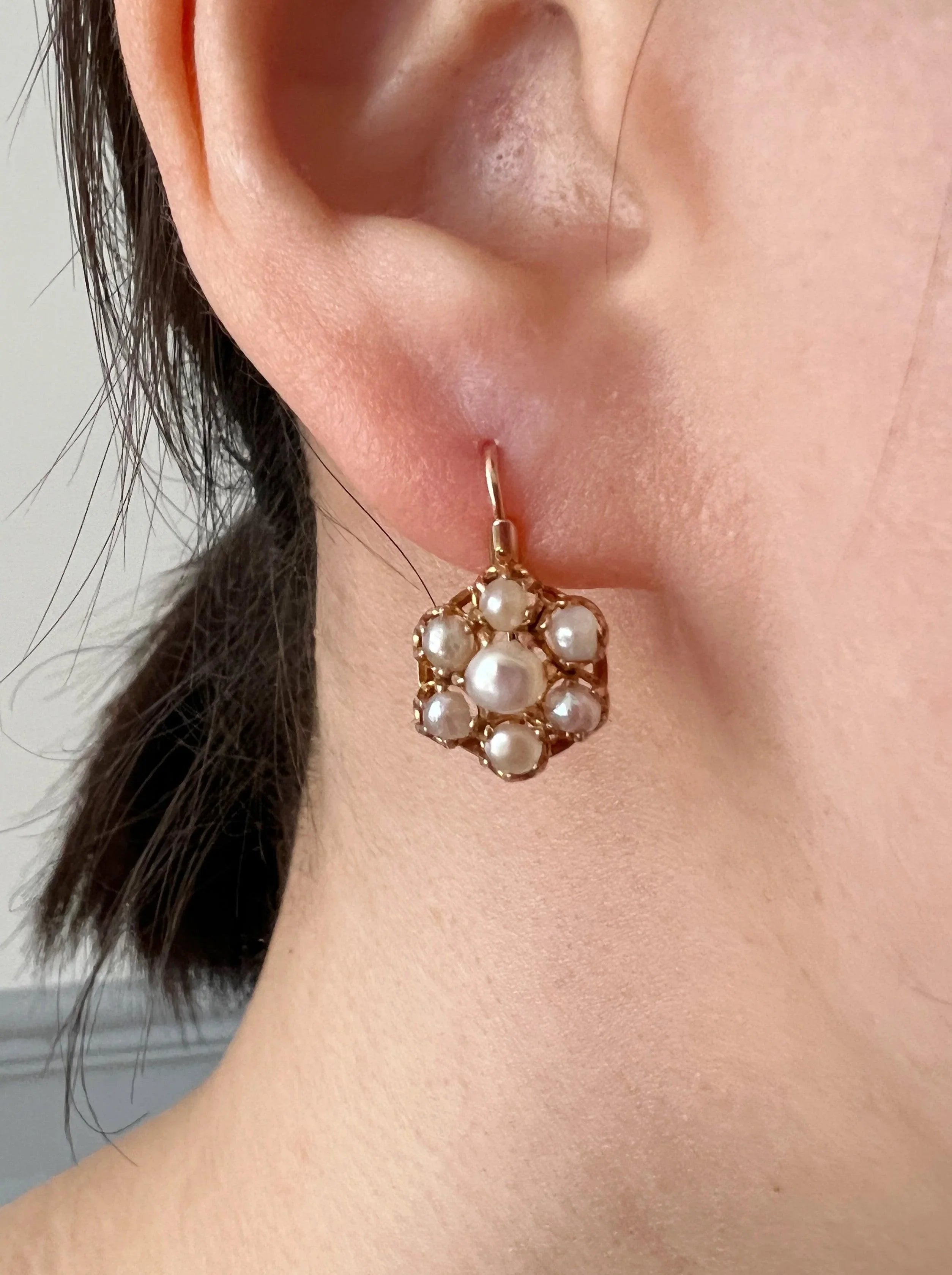 Victorian Era Seed Pearl 18K gold dangle sleeper earrings - Curiously timeless