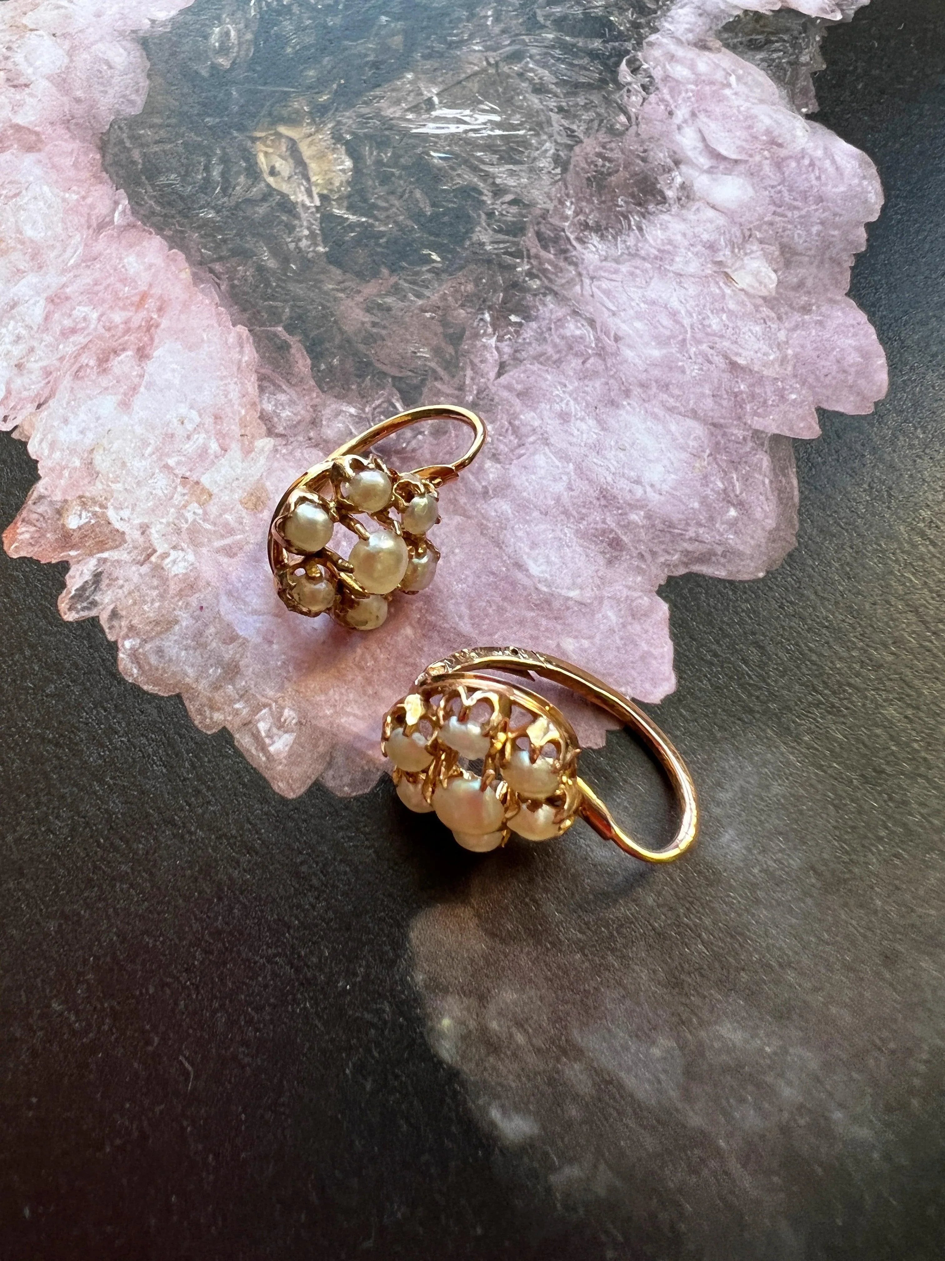 Victorian Era Seed Pearl 18K gold dangle sleeper earrings - Curiously timeless