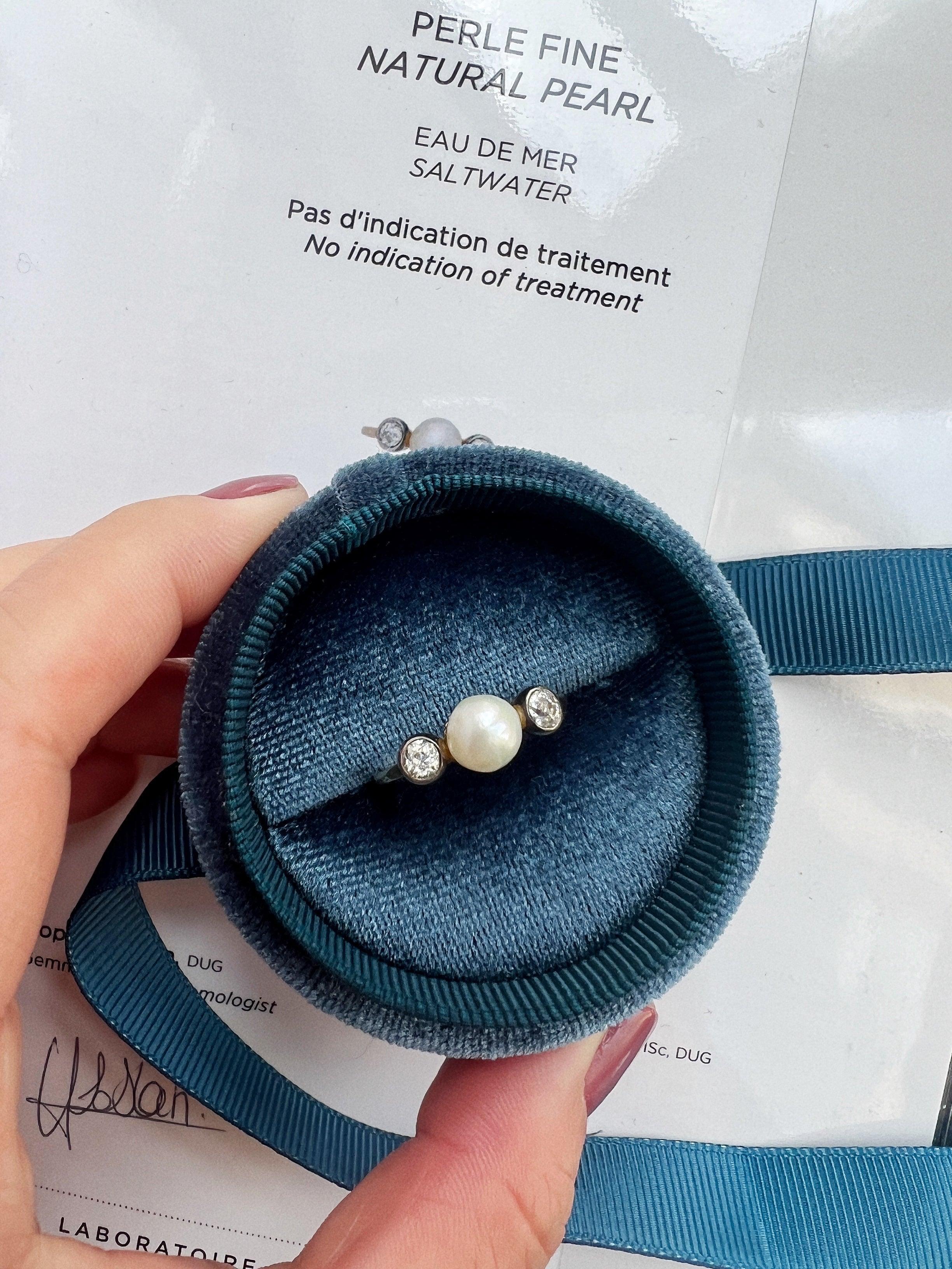 LFG certified Natural saltwater pearl diamond 18k gold ring - Curiously timeless