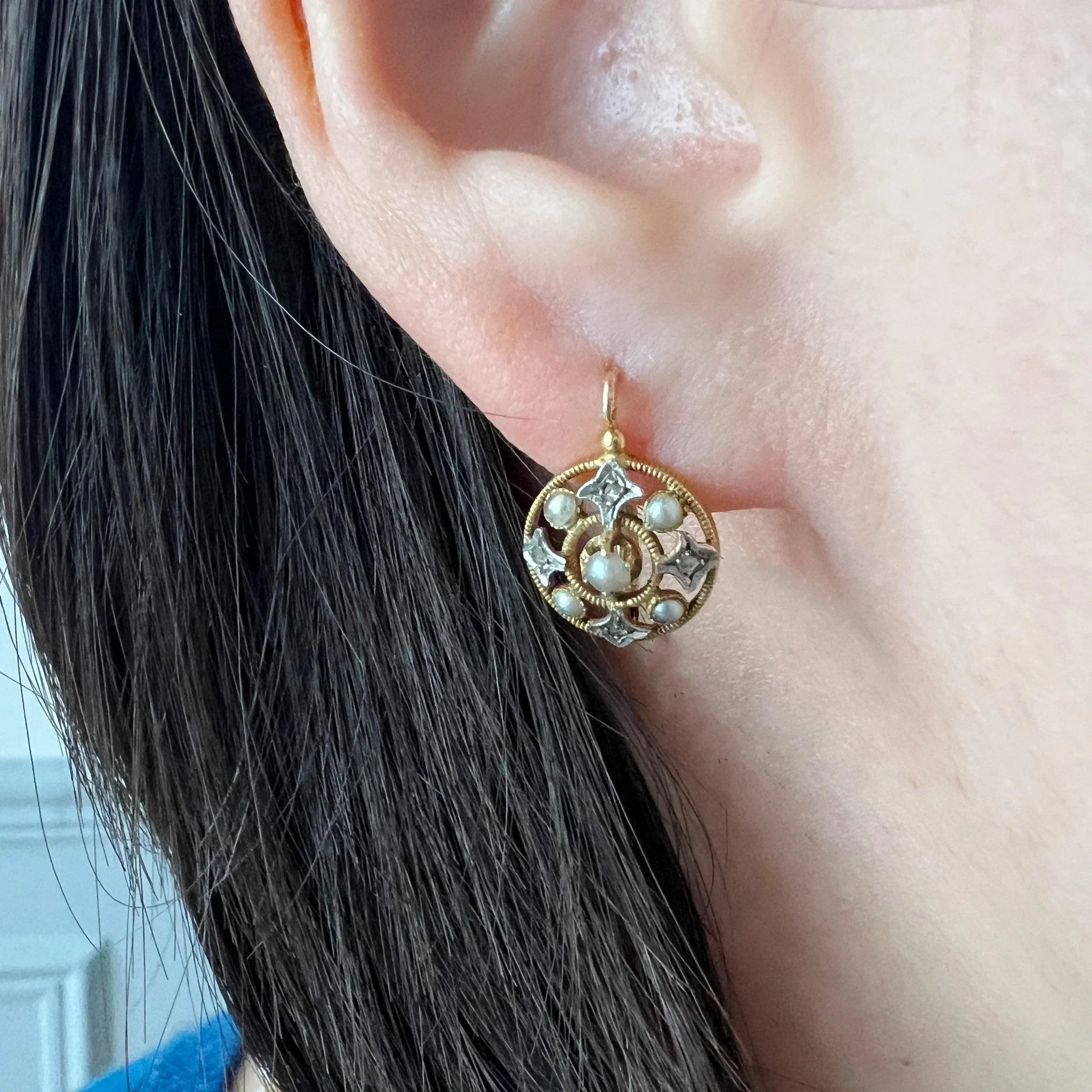 Antique boxed 18K gold diamond pearl dangle earrings - Curiously timeless