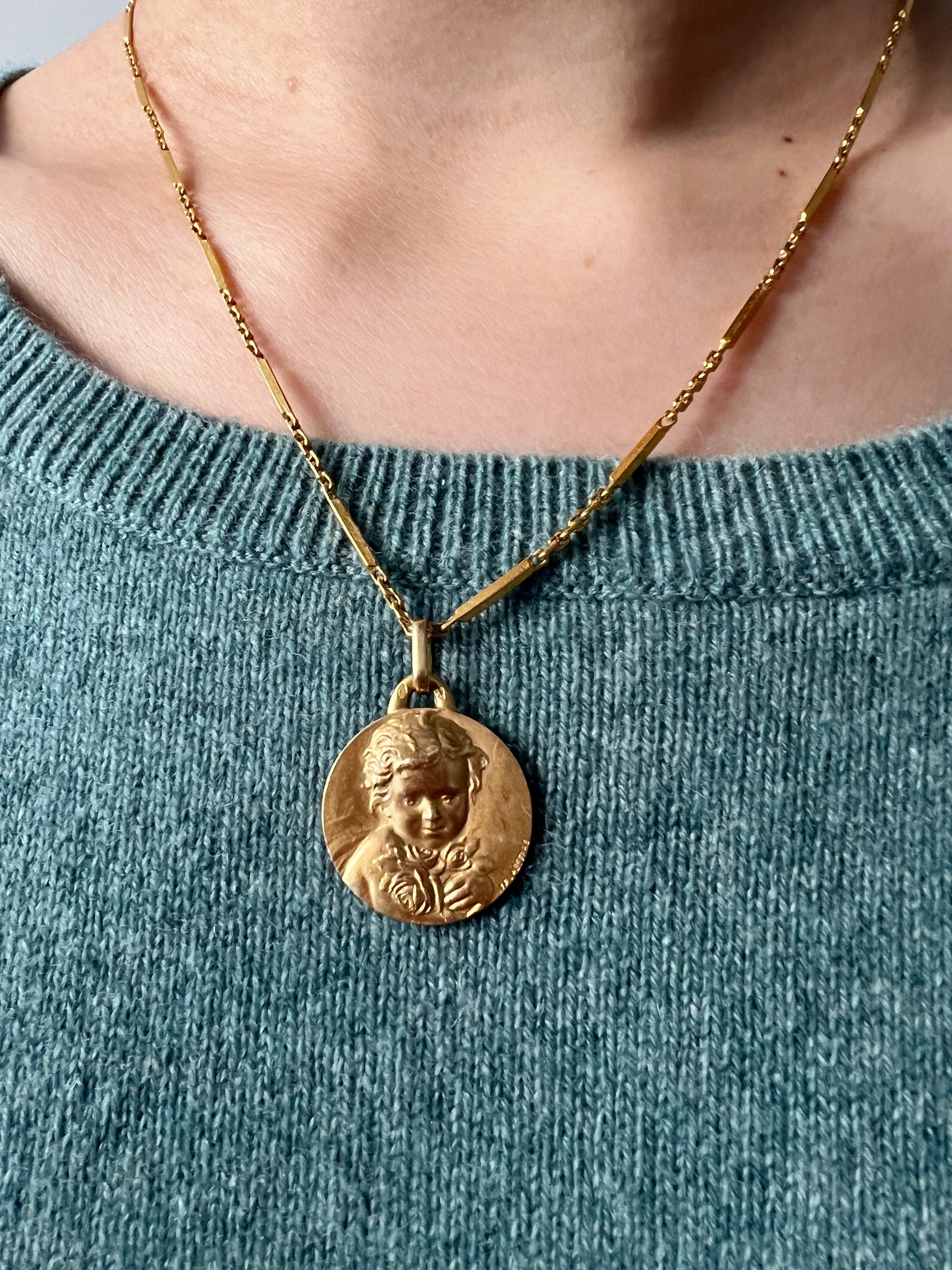 Beautiful French antique 18K gold angel rose medal pendant signed LASSERRE - Curiously timeless