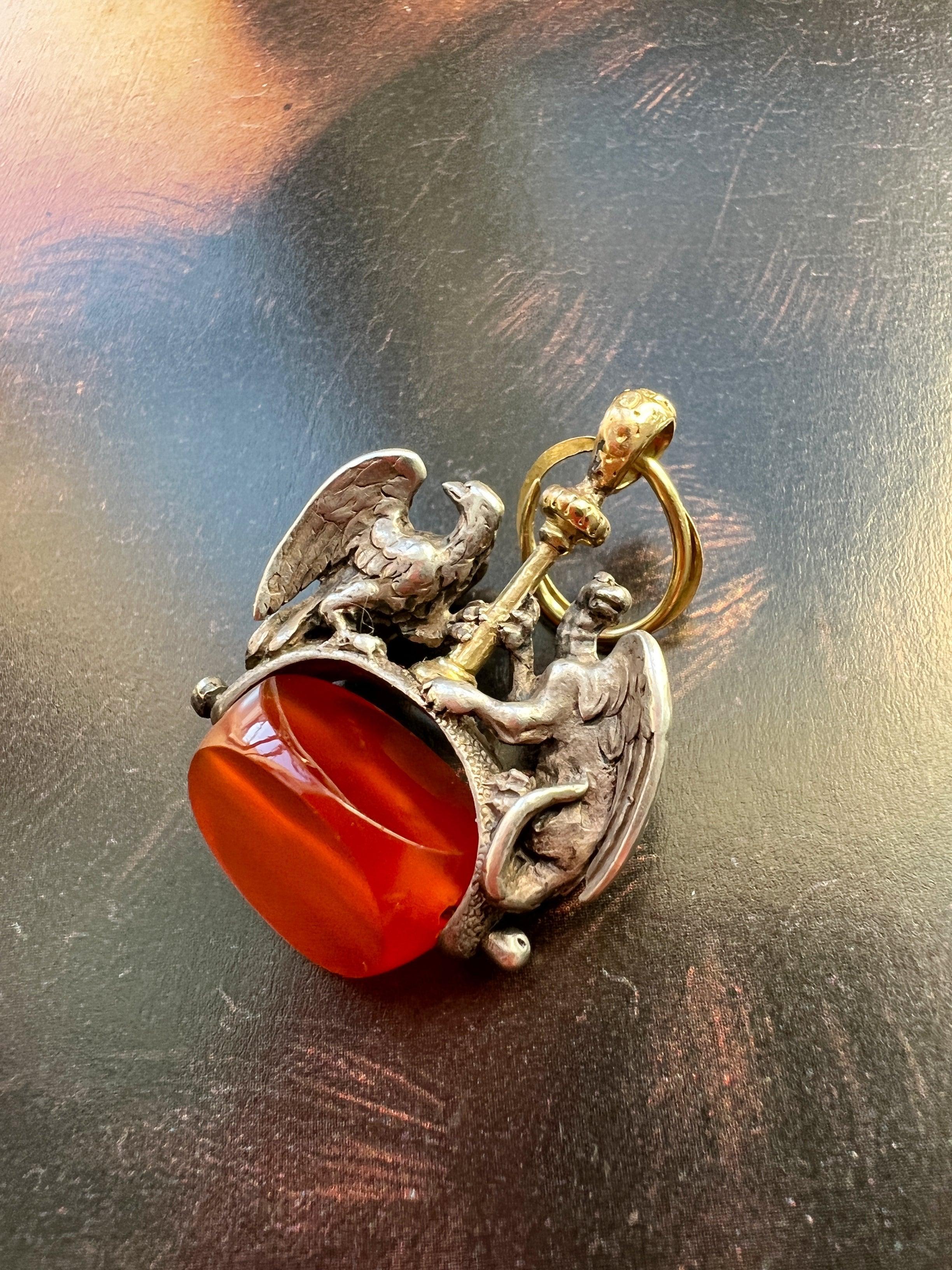 Rare Antique eagle and griffin carnelian seal stamp fob pendant - Curiously timeless