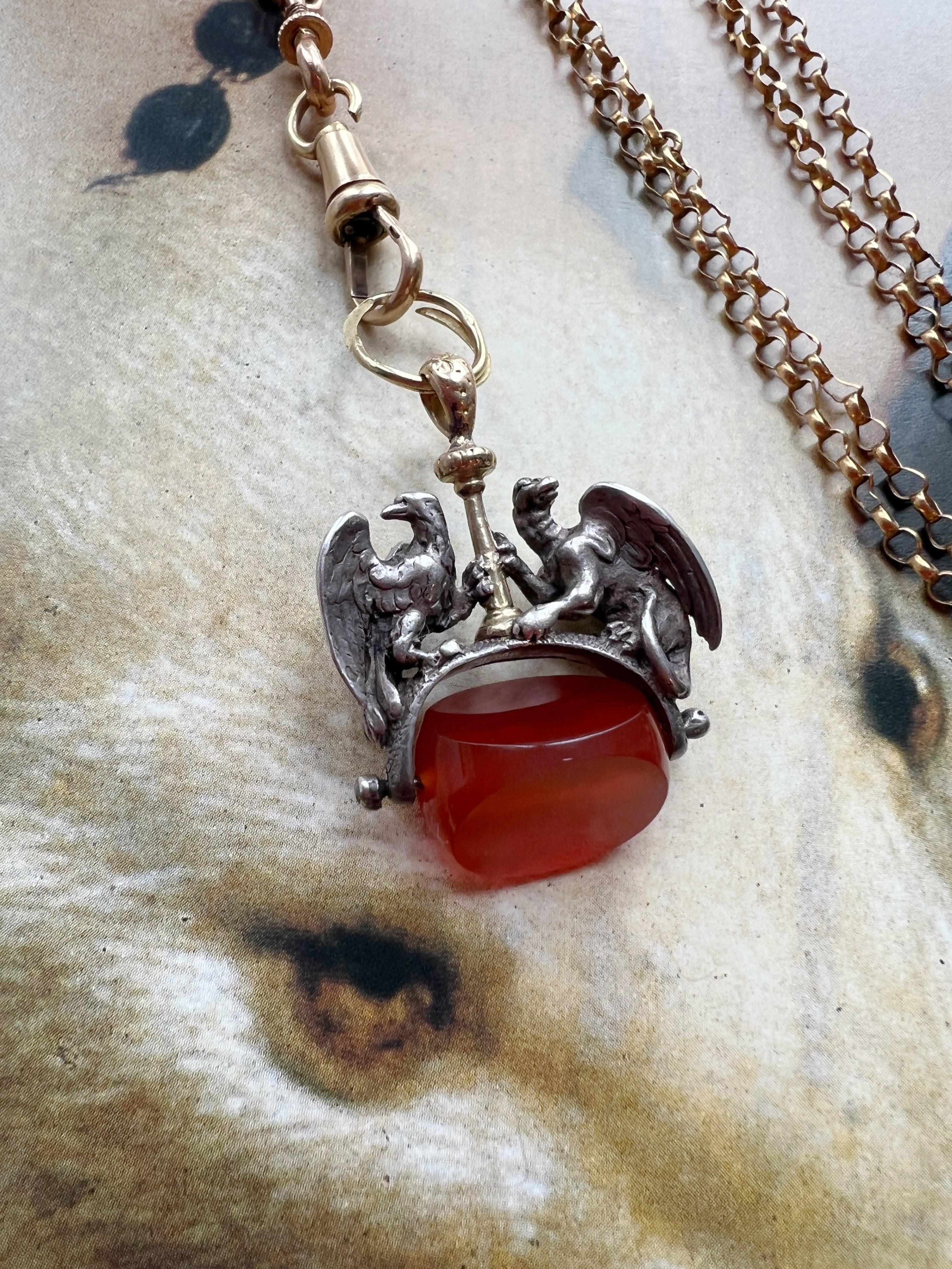Rare Antique eagle and griffin carnelian seal stamp fob pendant - Curiously timeless