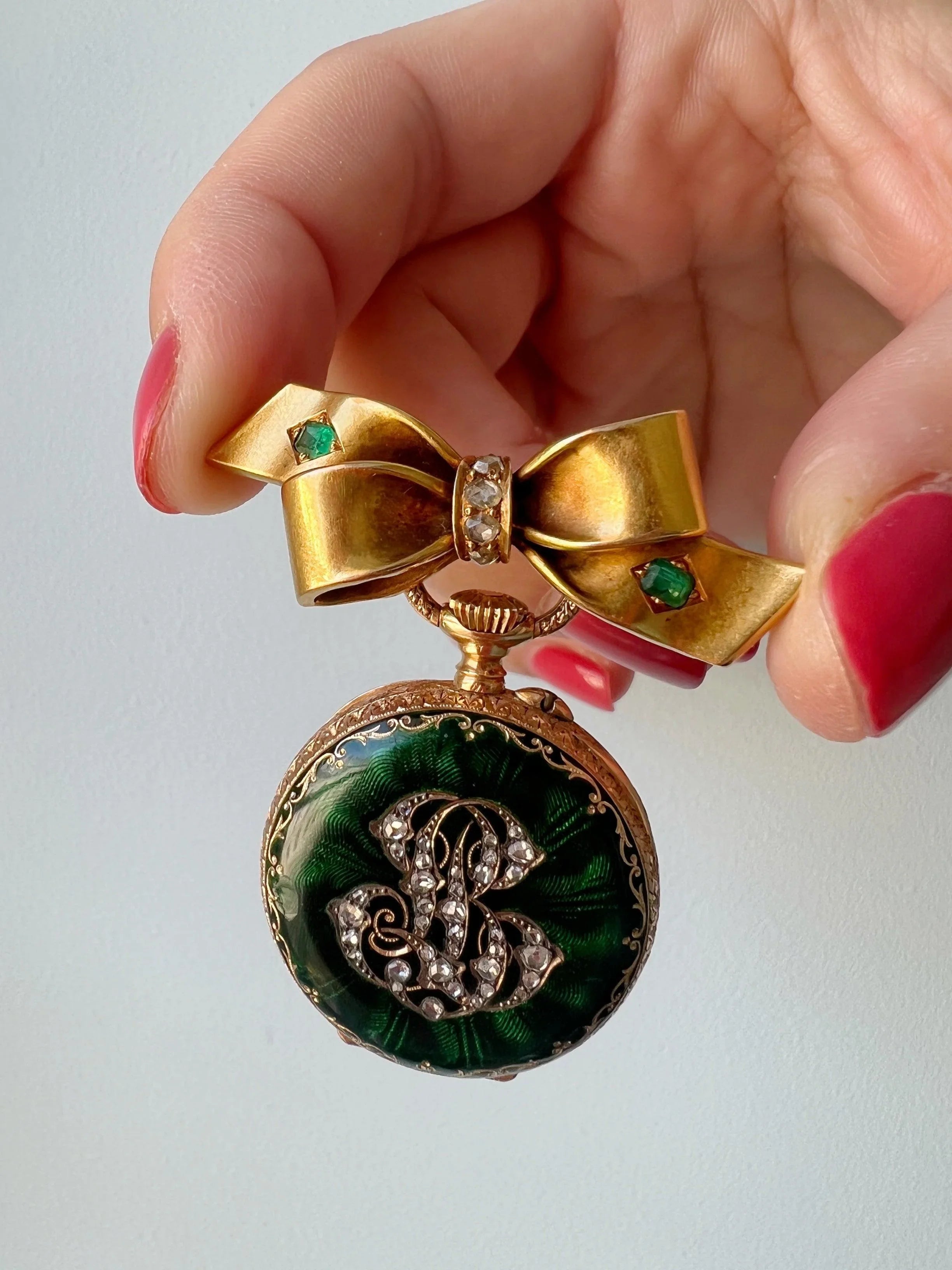 Antique 18K gold green enamel diamond monogram pocket watch pendant - Curiously timeless