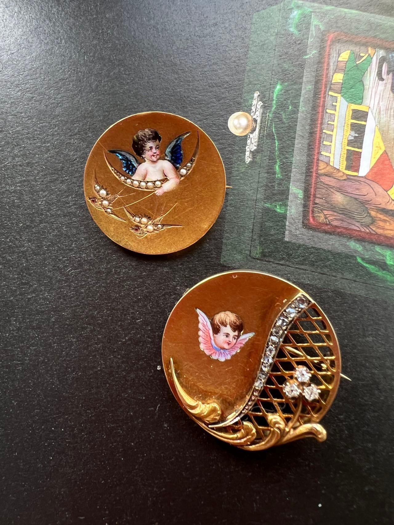 Victorian era 18K gold enamel angel and swallow pearl brooch - Curiously timeless