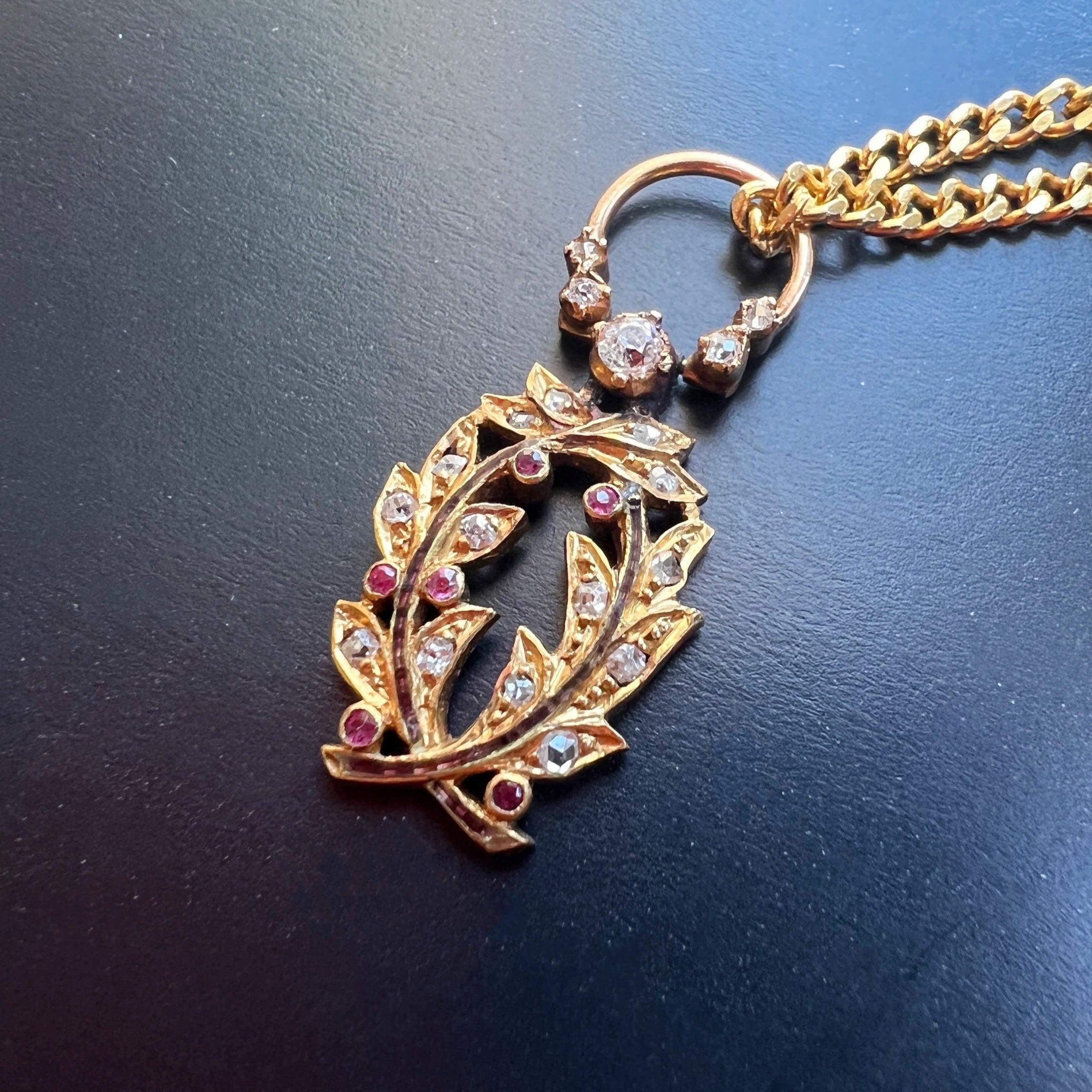 Lovely French vintage 18K gold diamond ruby laurel pendant - Curiously timeless